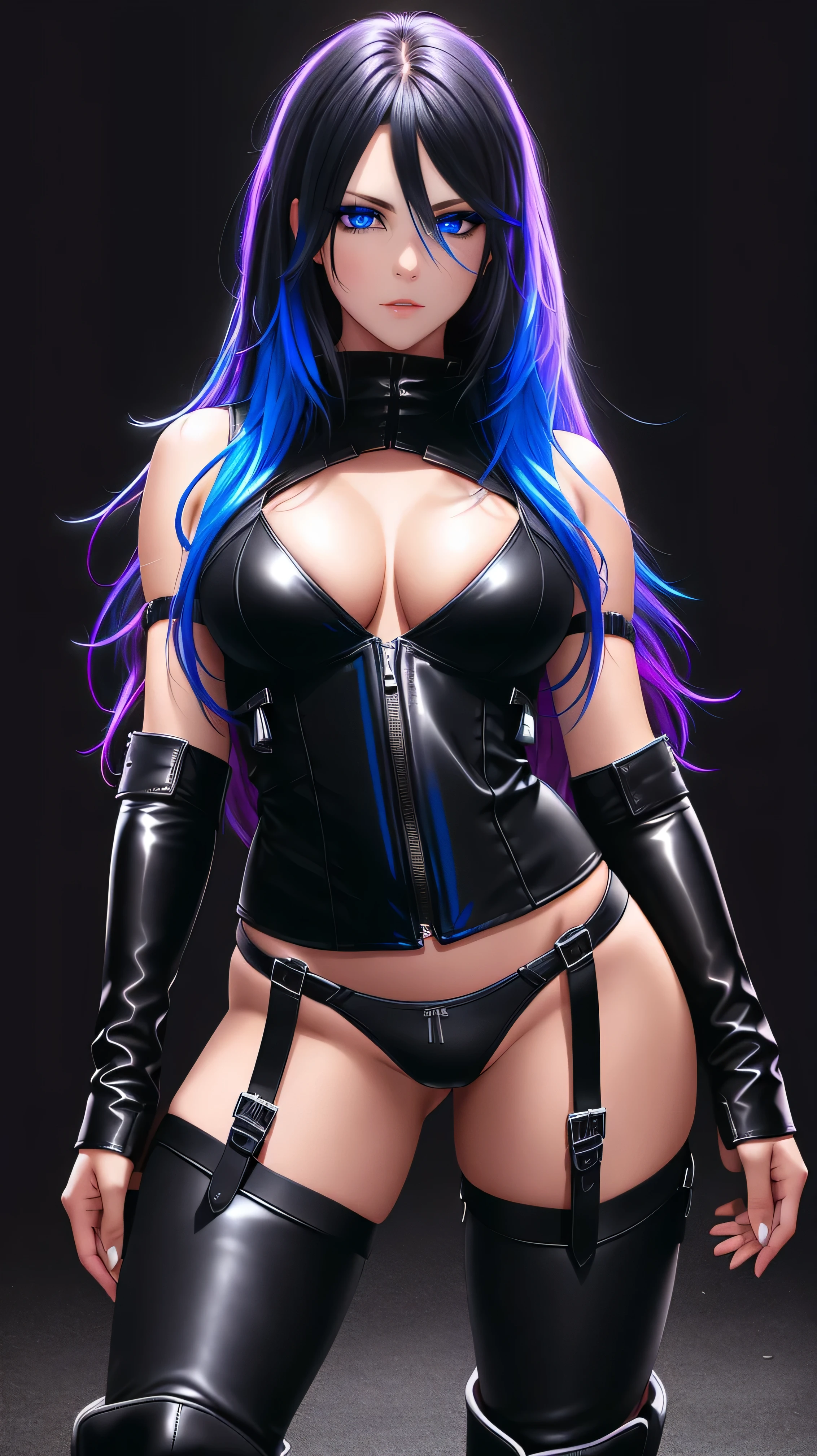 beautiful girl, full body, bright blue neon streaked dishevelled hair, ((large light realistic detailed eyes:1.3)), ((seductive pose:1.5)), black eyeshadow, (street style wear:1.2), ((tight fitted panties)), ((thigh high leather boots:1.3)),  ((dark plain black background:1.4)), dark makeup, digital art, trending on artstation, highly detailed, fine detail, intricate, beautiful detailed glow, detailed, Cinematic light, high-res, detailed facial features, sharp focus, smooth, aesthetic,