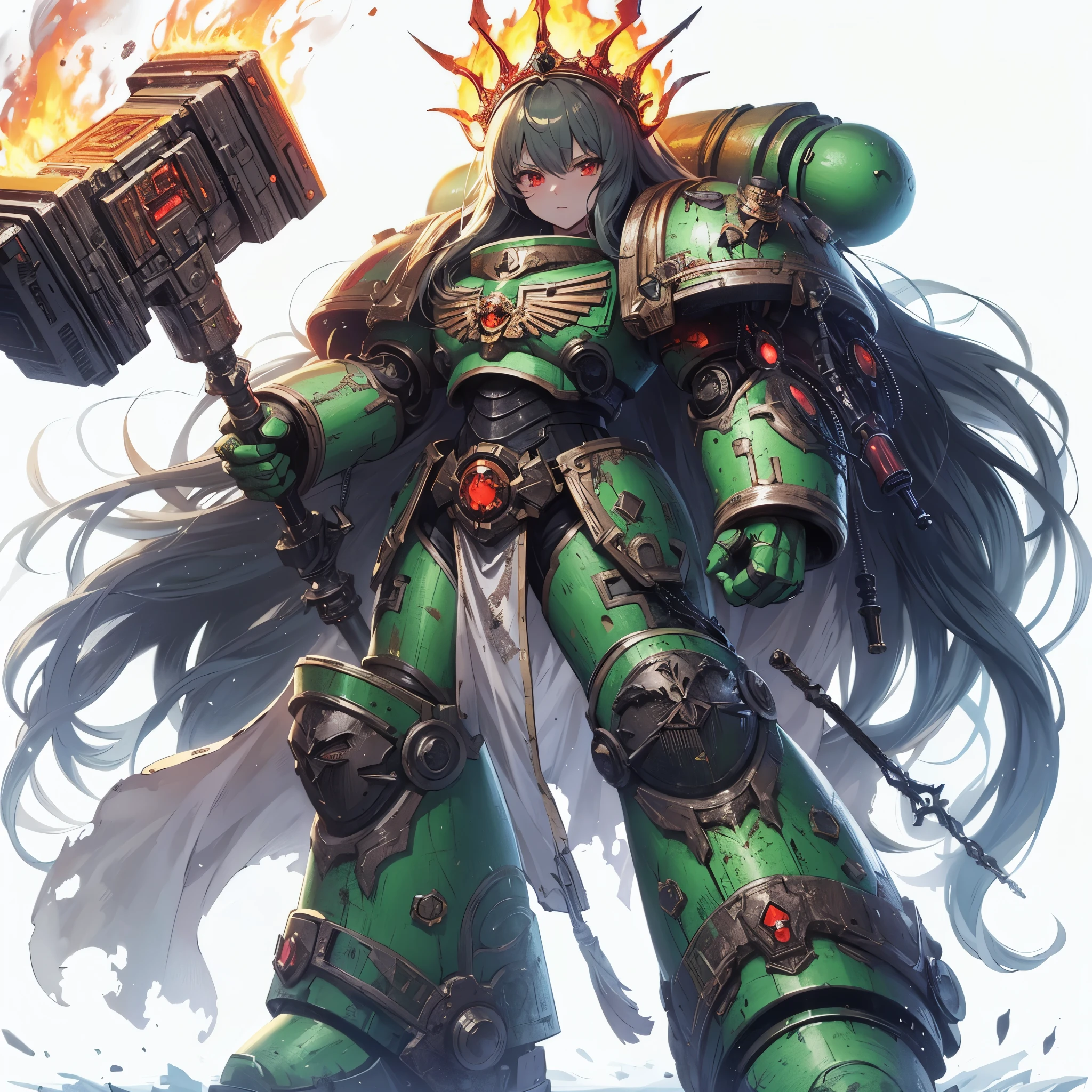 Masterpiece, best quality, ultra-detailed, anime style, full body of space marine girl, green ganoid scale power armor, warhammer 40K, head on burning flame crown, pale black skin and red eyes, held huge hammer, wearing raised boots, supernatural flame, 8k high resolution, trending art station, white background, whole body,