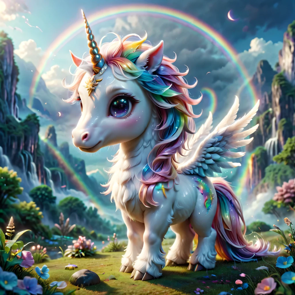 mysterious creature，cute pet，unicorn，Yu Ji，angel hope，Q version，cartoon，Cute and cute，rainbow，cloud，soft space，ethereal，bioluminescence，divinelight，old，undying，detailed details，lifelike，超级lifelike，epic mythology fantasy，Epic surrealism，epic magic fantasy，