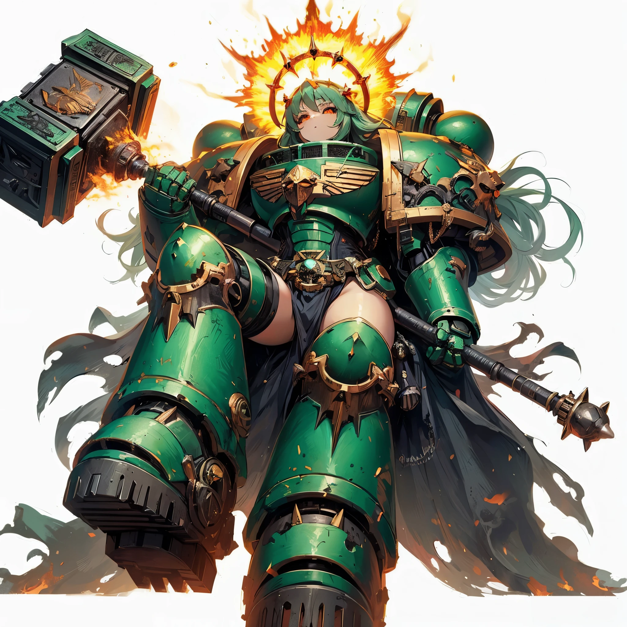 
Masterpiece, best quality, ultra-detailed, anime style, full body of space marine girl, green ganoid scale power armor, warhammer 40K, head on burning flame crown, pale black skin and red eyes, held huge hammer, wearing raised boots, supernatural flame, 8k high resolution, trending art station, white background, whole body,
