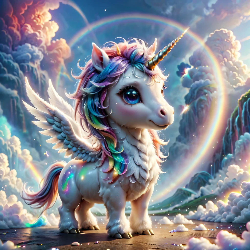 mysterious creature，cute pet，unicorn，Yu Ji，angel hope，Q version，cartoon，Cute and cute，rainbow，cloud，soft space，ethereal，bioluminescence，divinelight，old，undying，detailed details，lifelike，超级lifelike，epic mythology fantasy，Epic surrealism，epic magic fantasy，