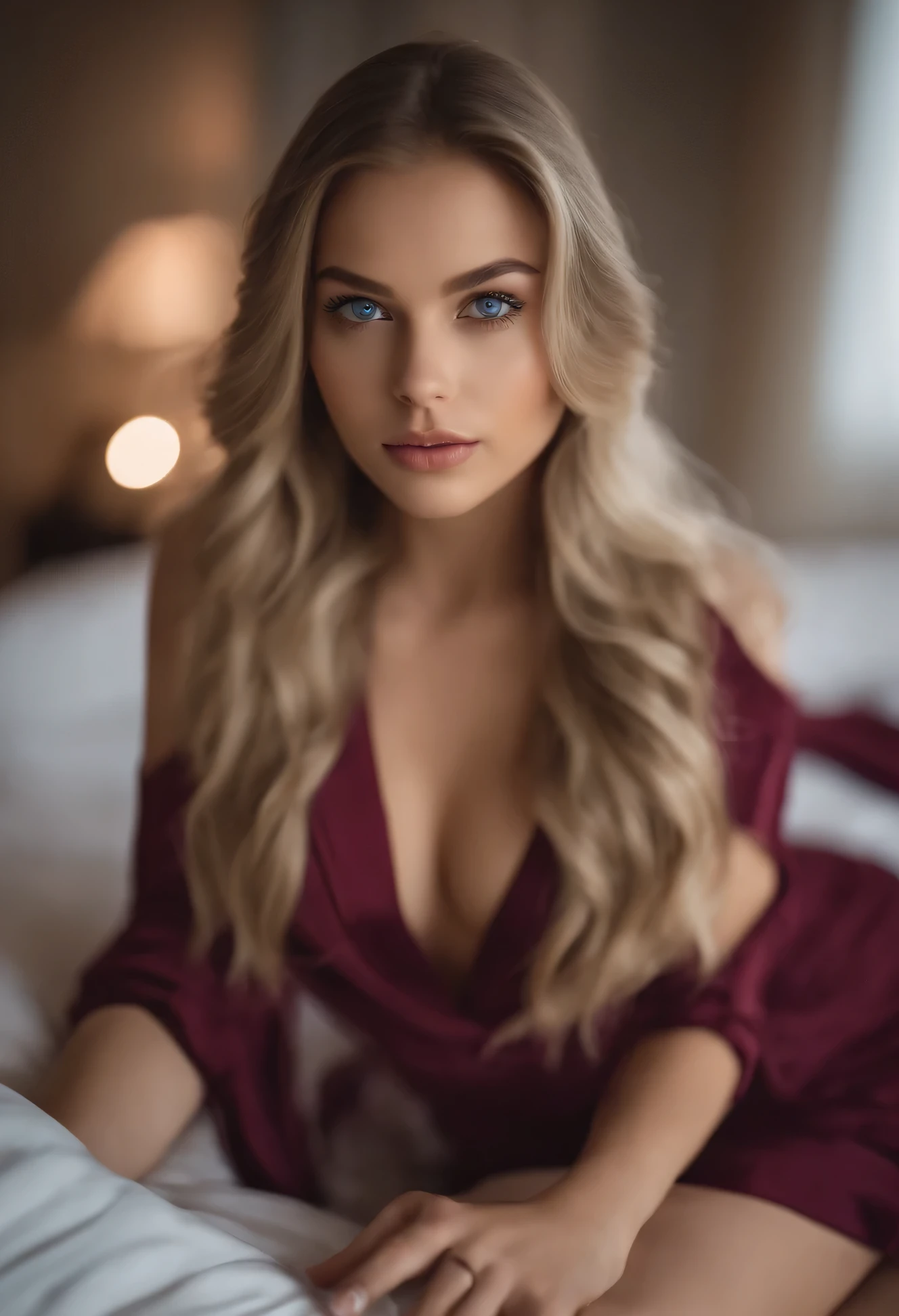 Arafed woman in full , Sexy girl with blue eyes, ultra realistis, Meticulous detail, portrait sophie mudd, blonde hair and large eyes, selfie of a young woman, bedroom eyes, violet myers, no makeup, natural makeup, looking straight at camera, face with artgram, fine makeup, Stunning full-length shot, kneeling on the bed, in bedroom, Medium to large size bust; ; ;Short red dress