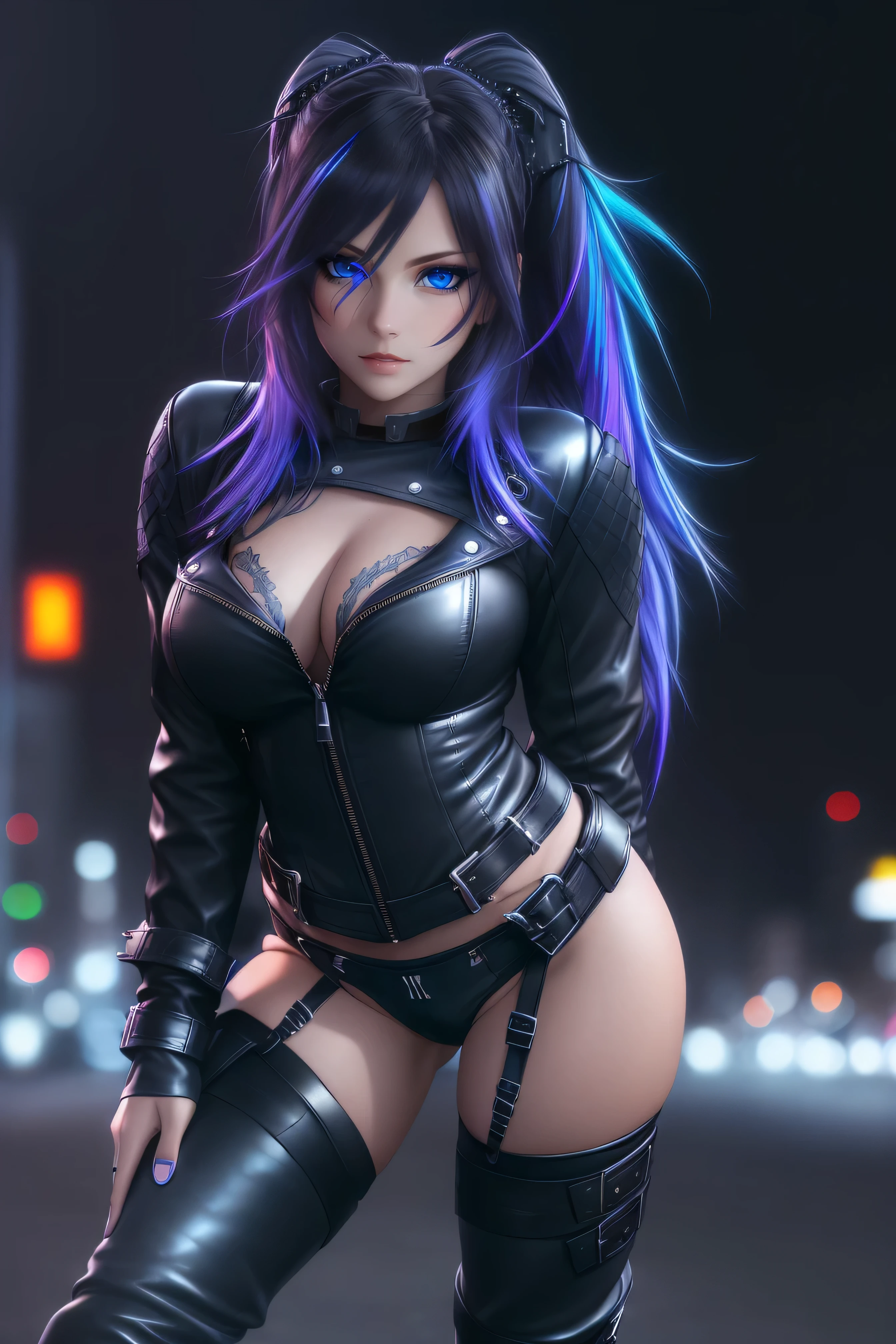 beautiful girl, standing, short bright blue neon streaked dishevelled hair, ((realistic highly detailed eyes:1.4)), ((seductive pose:1.4)), black eyeshadow, (street style wear:1.2), ((tight fitted panties)), ((thigh high leather boots:1.3)), (dark city night black background:1.4), dark makeup, digital art, trending on artstation, highly detailed, fine detail, intricate, beautiful detailed glow, detailed, Cinematic light, high-res, detailed facial features, sharp focus, smooth, aesthetic,