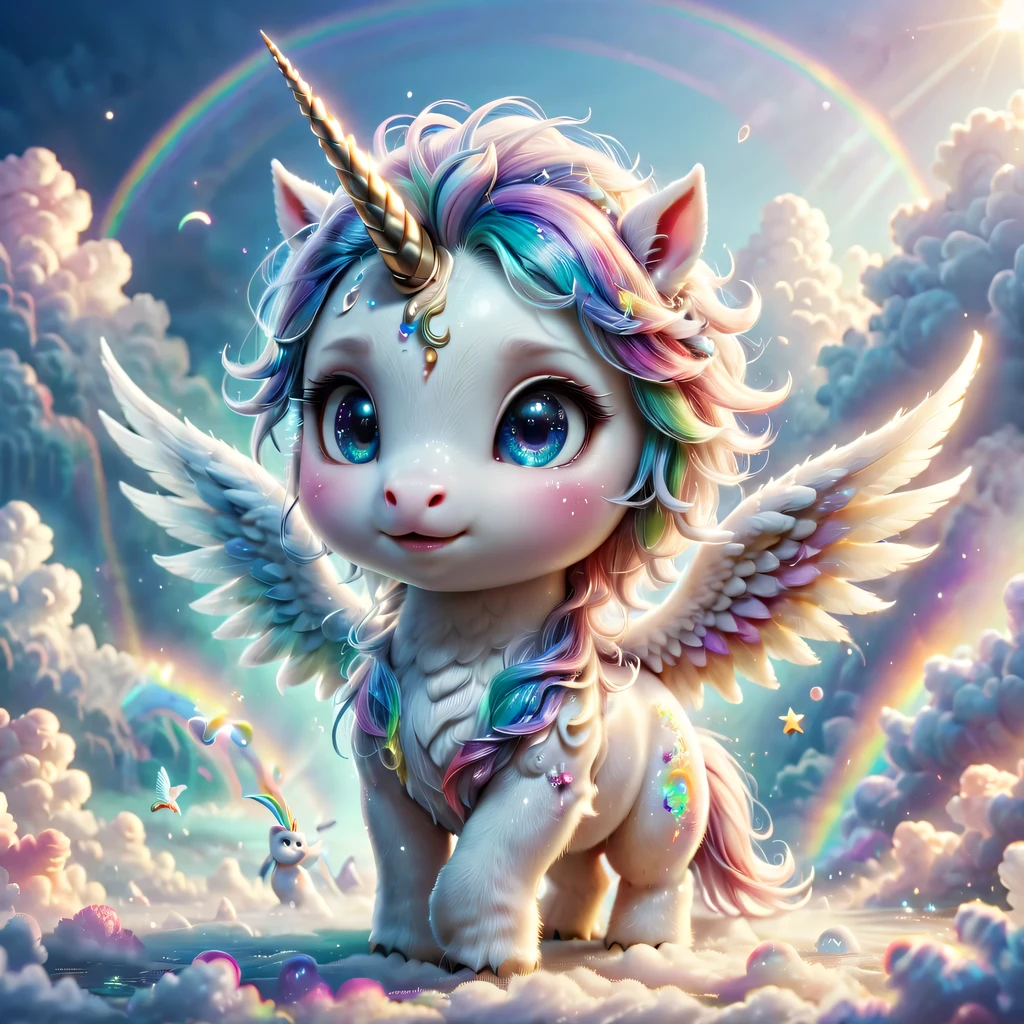 mysterious creature，cute pet，unicorn，Yu Ji，angel hope，Q version，cartoon，Cute and cute，rainbow，cloud，soft space，ethereal，bioluminescence，divinelight，old，undying，detailed details，lifelike，超级lifelike，epic mythology fantasy，Epic surrealism，epic magic fantasy，