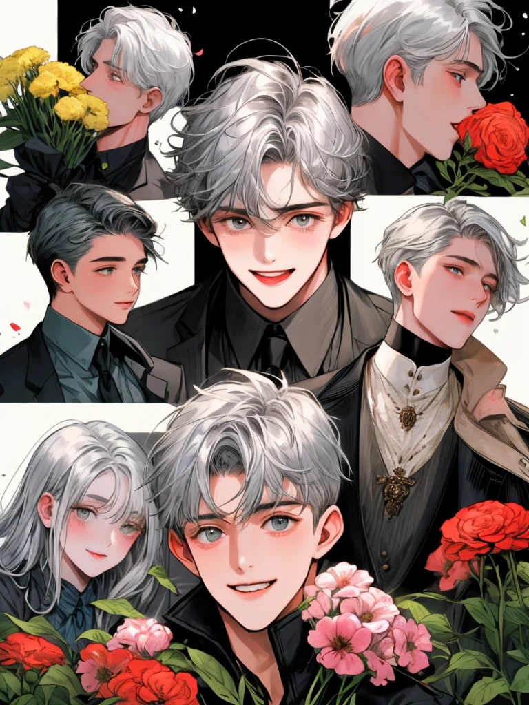 masterpiece, collage of boy holding flowers, happy, silver hair
