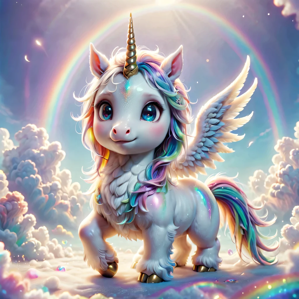 mysterious creature,cute pet,unicorn,Yu Ji,angel hope,Q version,cartoon,Cute and cute,rainbow,cloud,soft space,ethereal,bioluminescence,divinelight,old,undying,detailed details,lifelike,超级lifelike,epic mythology fantasy,Epic surrealism,epic magic fantasy,