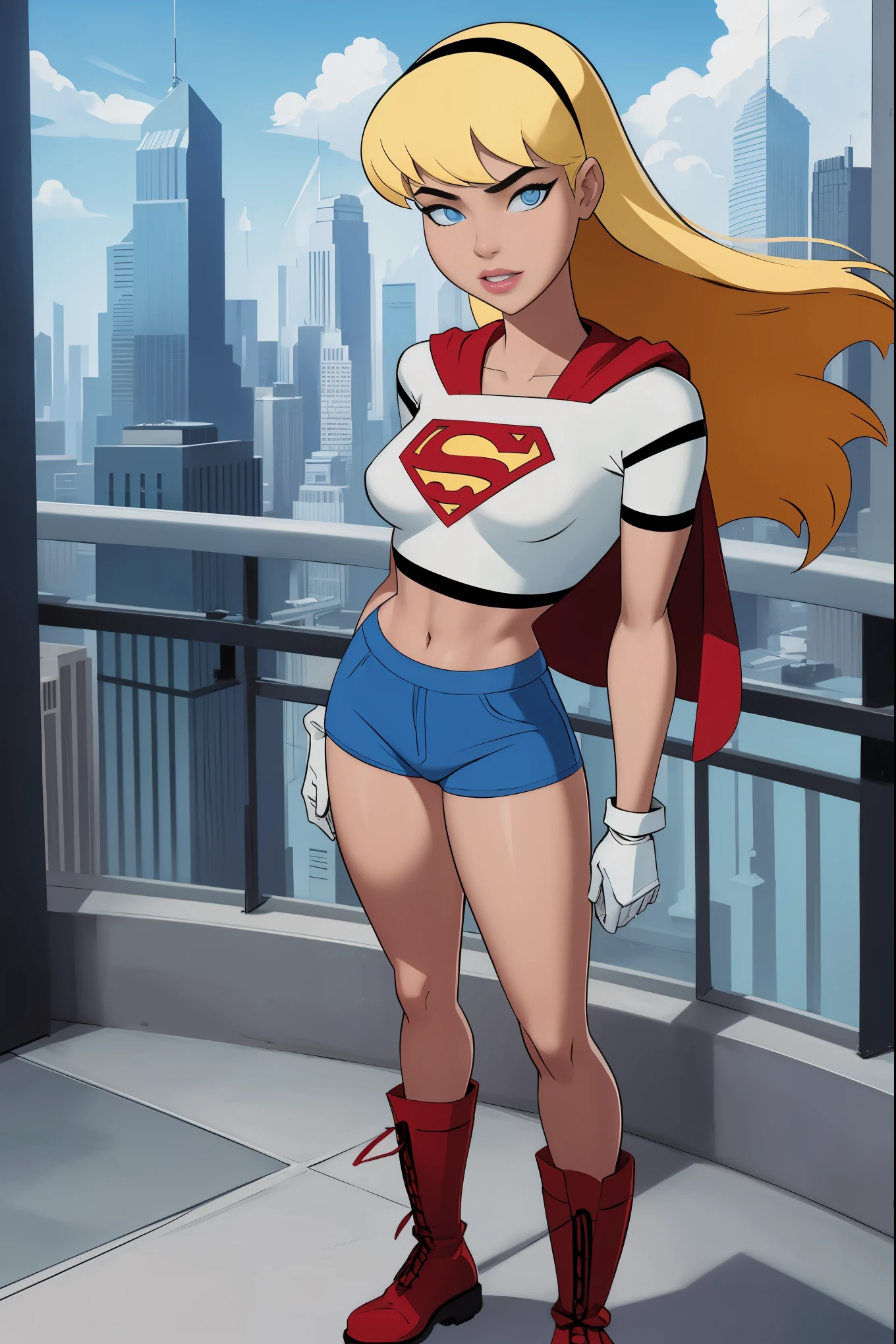 (cowboy shot), SFW, (masterpiece), (best quality: 1.0), (ultra highres: 1.0), detailed eyes, BREAK Supergirl, 1girl, long blonde hair, Hair band, \(white\) crop top, dolphin shorts, gloves, boots BREAK (clouds, city, stunning view) sexy, stunning, 
