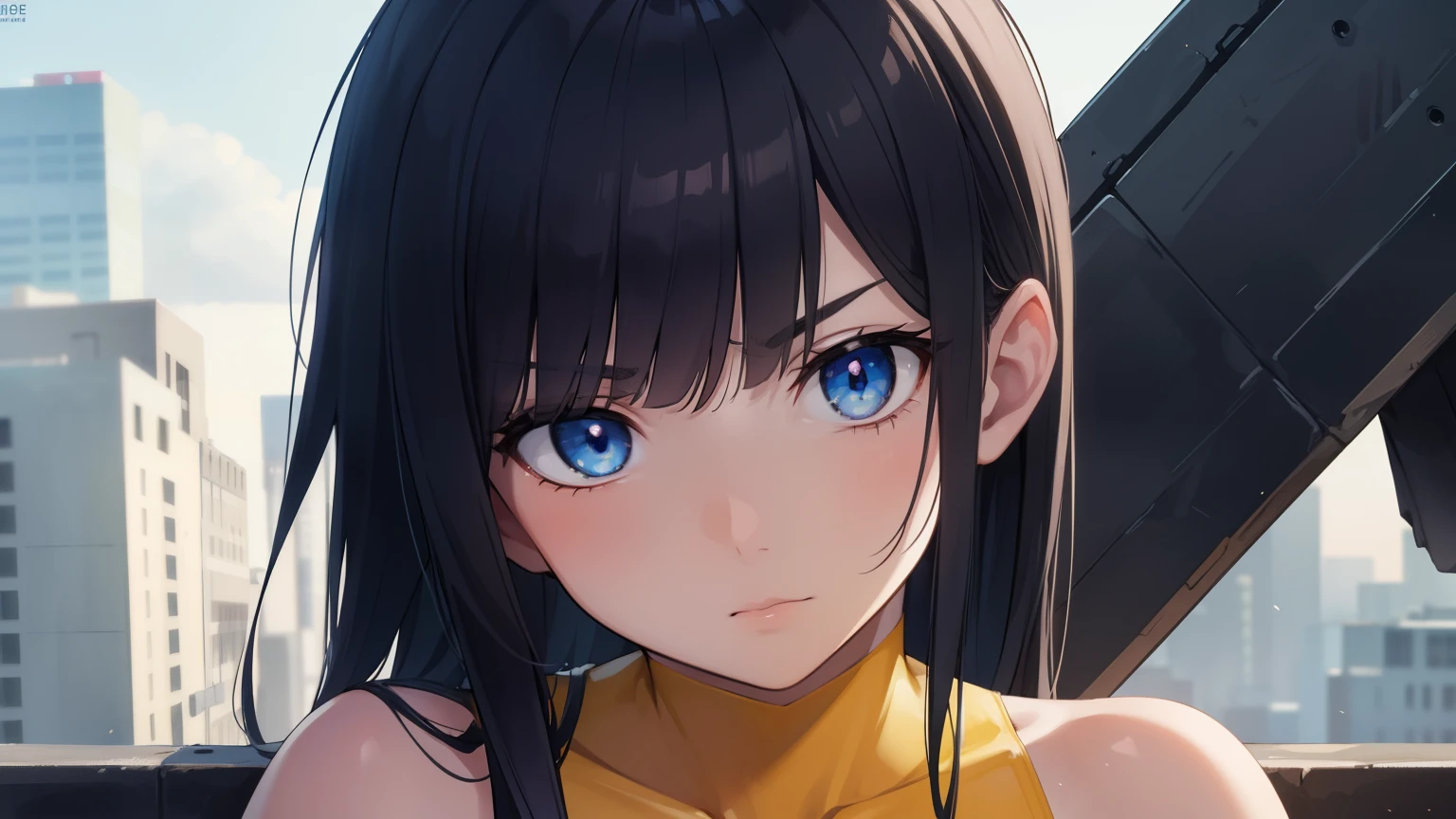 1woman, fit-muscled body, bright yellow eyes,dark blue hair , blue eyes, With round lenses, The audience watched carefully, (s face: 1.2), Perfect female figure, ((standing)), ((yellow Tight crop top leather suit)), ((shy and looking at viewert)), (Perfect thick white eyebrows)
BREAK bare shoulders,
BREAK looking at viewer,
BREAK outdoors, city,
BREAK (masterpiece:1.2), best quality, high resolution, unity 8k wallpaper, (illustration:0.8), (beautiful detailed eyes:1.6), extremely detailed face, perfect lighting, extremely detailed CG, (perfect hands, perfect anatomy),
