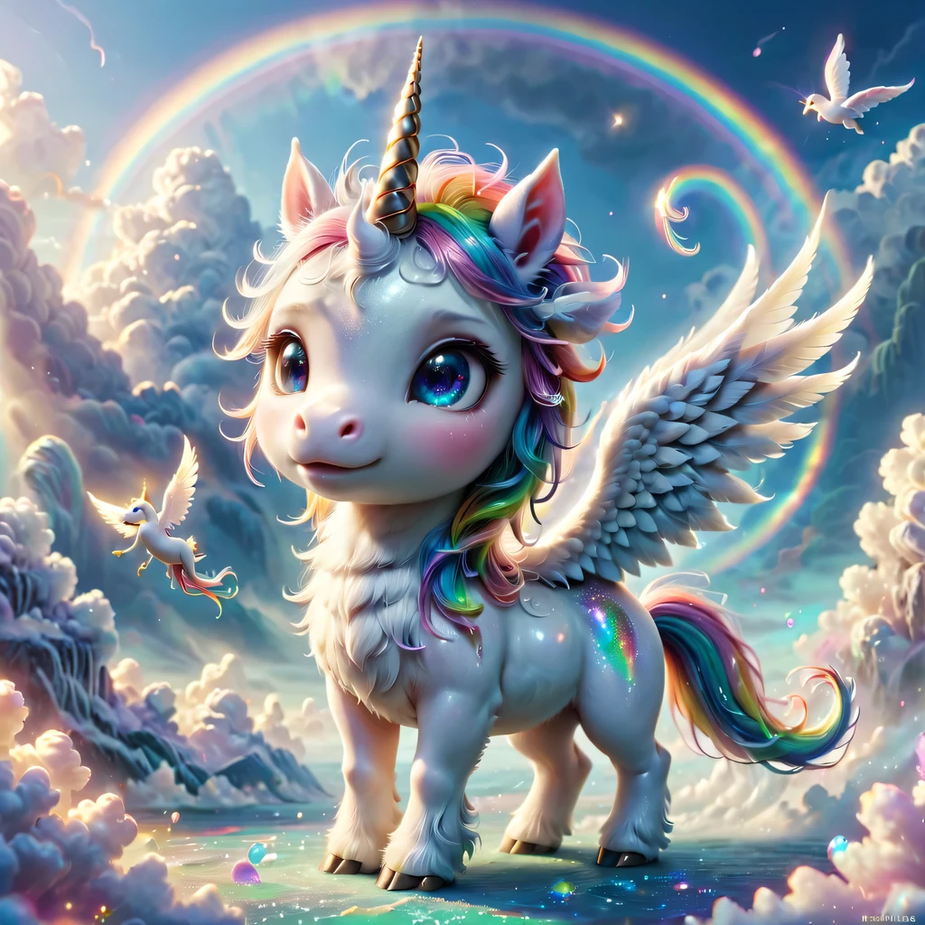 mysterious creature,cute pet,unicorn,Yu Ji,angel hope,Q version,cartoon,Cute and cute,rainbow,cloud,soft space,ethereal,bioluminescence,divinelight,old,undying,detailed details,lifelike,超级lifelike,epic mythology fantasy,Epic surrealism,epic magic fantasy,