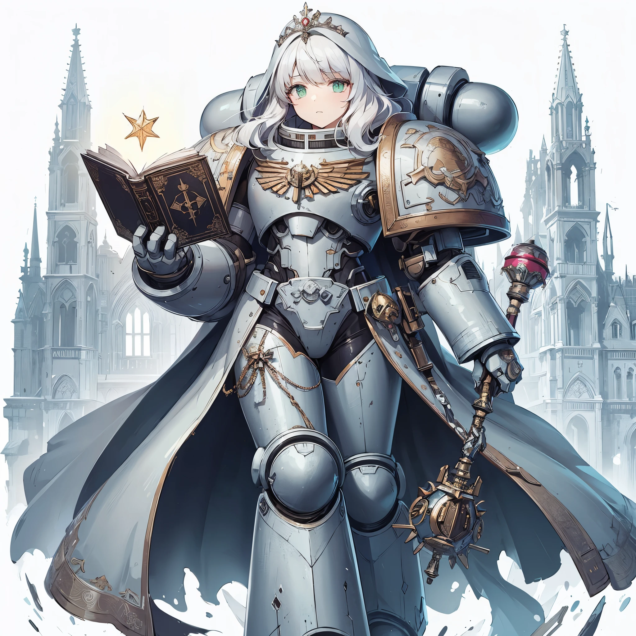 
Masterpiece, best quality, ultra-detailed, anime style, full body of space marine girl, pale gray power armor, warhammer 40K, nun`s headdress, white hair and green eye, held small royal scepter and magic book, wearing raised boots, Glorious light, 8k high resolution, trending art station, white background, whole body, standing Burnt churches.
