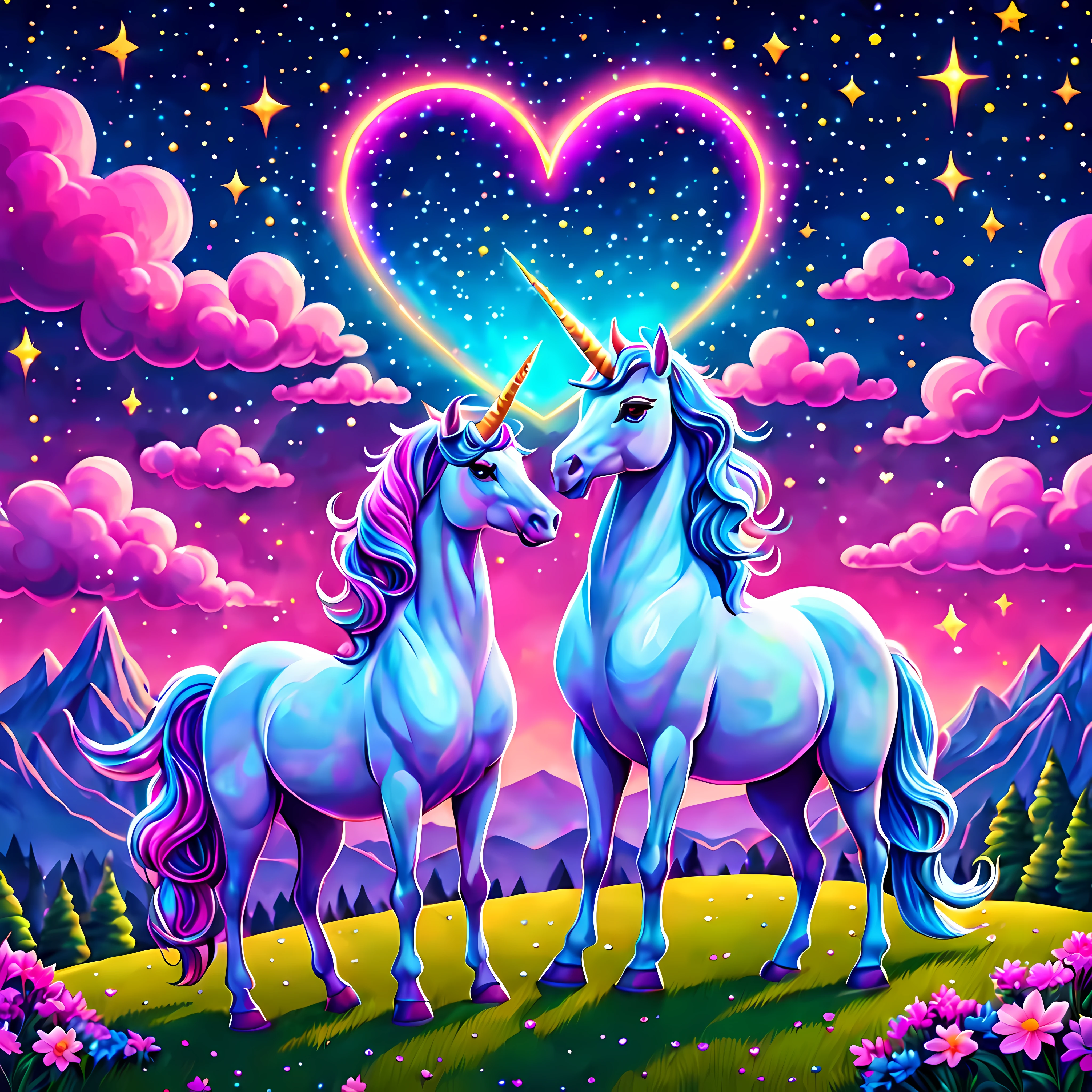 (Cute cartoon style:1.4), masterpiece in maximum 16K resolution, a love couple of majestic fantasy unicorns standing on a grassy hill. | Mystical starry sky. | A single huge neon heart above the unicorns. | ((More_Detail))