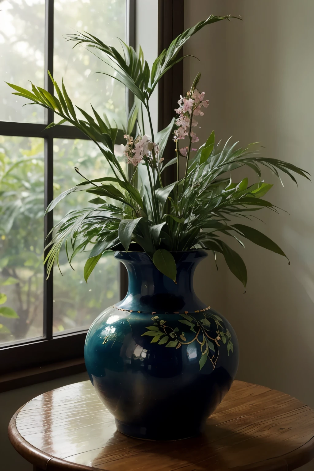 A lushgreen vase adorned with intricate cloisonnism design holds a petite plant, the still life creation by Aaron Bohrod intricately captured on Unsplash. The depth of field is shallowing, emphasizing the vase and the elegant curves of the anamorphic lens flare dancing around its edges. The verdant hues of the vase contrast beautifully with the vibrant blooms of the plant, inviting a poetic contemplation on the harmony of nature within the frame.