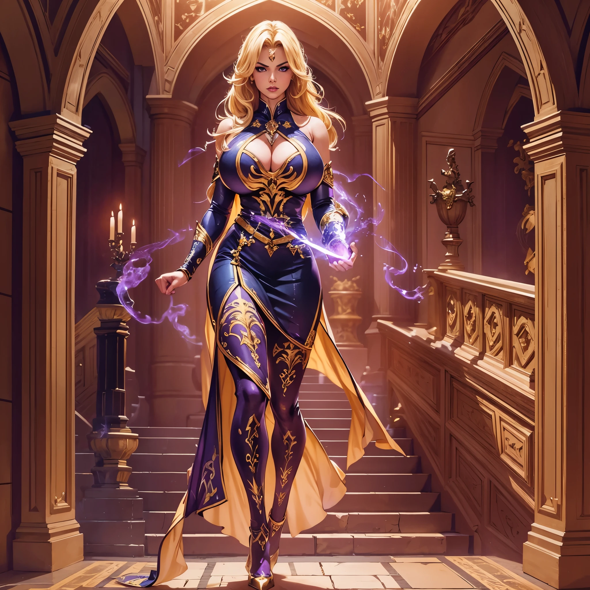 Full body portrait of one extremely beautiful blonde young woman, perfection, tall, huge breasts, impressive cleavage, powerful, determined, confident, powerful sorceress walking down stairs, charismatic badass, omnipotent, very sensual, very sexy, wearing a sophisticated noble sexy black dress, in a medieval fantasy setting, rich magical academy hall, masterpiece, dynamic intense lighting, epic shot, highly detailed, eloquent shot, large shot, surrounded by purple magic intense energy