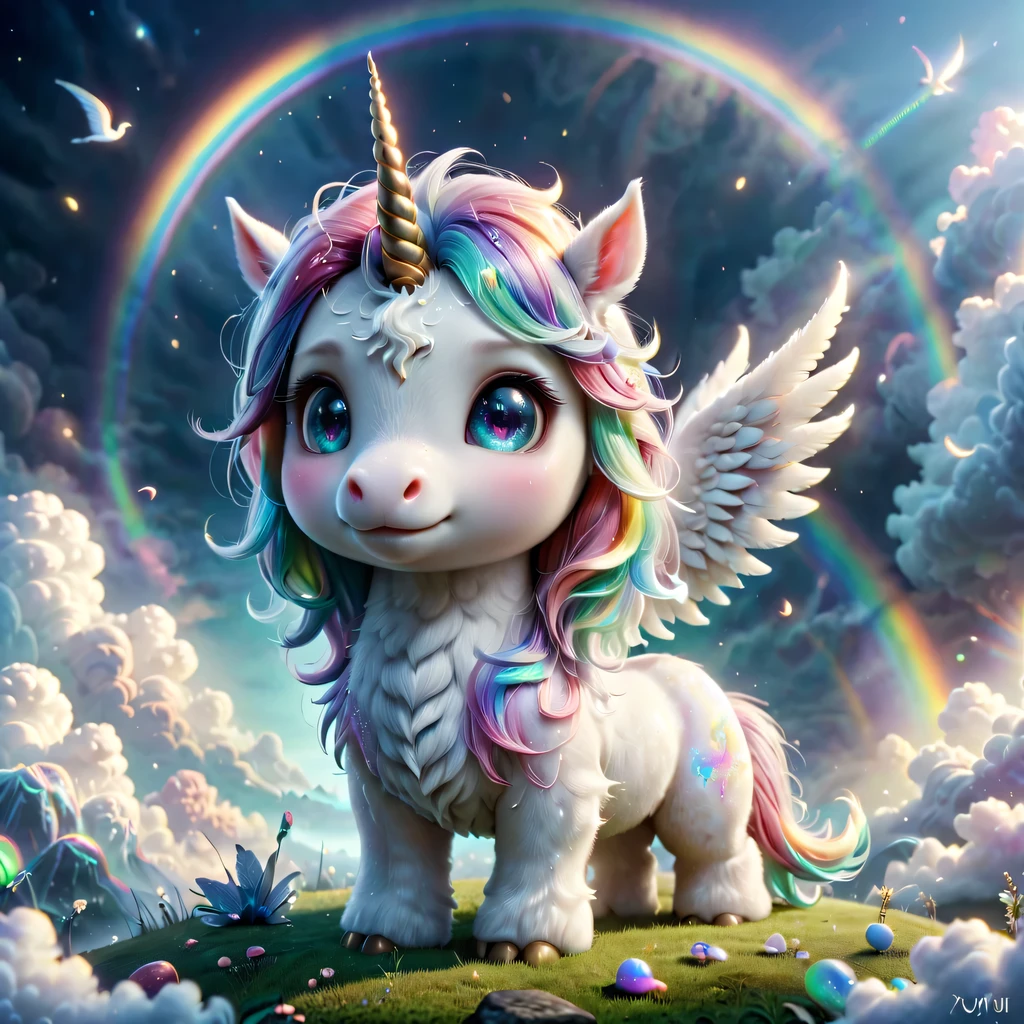 mysterious creature，cute pet，unicorn，Yu Ji，angel hope，Q version，cartoon，Cute and cute，rainbow，cloud，soft space，ethereal，bioluminescence，divinelight，old，undying，detailed details，lifelike，超级lifelike，epic mythology fantasy，Epic surrealism，epic magic fantasy，