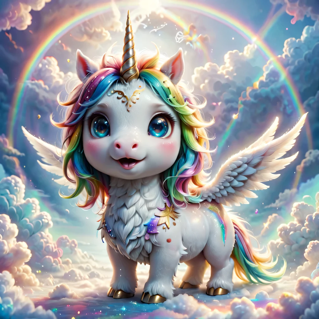 mysterious creature，cute pet，unicorn，Yu Ji，angel hope，Q version，cartoon，Cute and cute，rainbow，cloud，soft space，ethereal，bioluminescence，divinelight，old，undying，detailed details，lifelike，超级lifelike，epic mythology fantasy，Epic surrealism，epic magic fantasy，