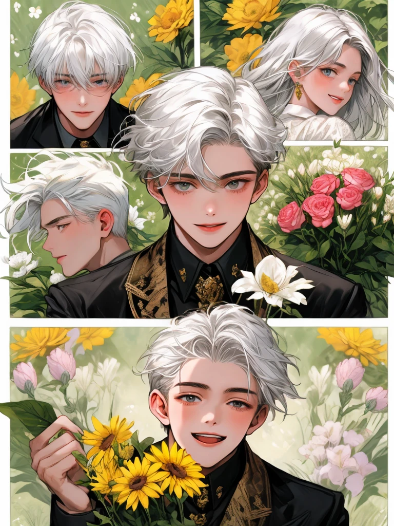 masterpiece, collage of teenage boy holding flowers, happy, white hair