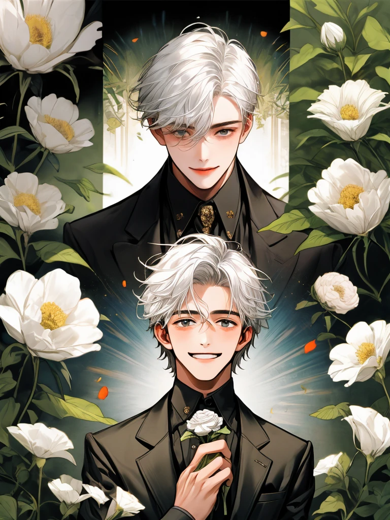 masterpiece, collage of teenage boy holding flowers, happy, silver hair