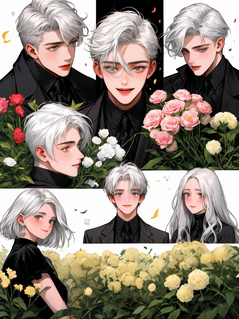 masterpiece, collage of teenage boy holding flowers, happy, silver hair