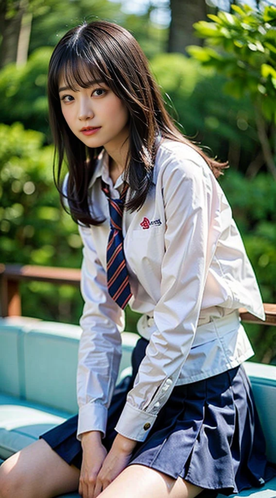 (8K、RAW photo、highest quality、masterpiece:1.2)、(realistic、Photoreal)、40 years、1 girl、I have a mole next to my eye、((White shirt with long sleeves、sailor suit、red tie、Below-the-knee length navy pleated skirt))、（high school girl）、The skirt is rolled up、gal、lots of eyelashes、glitter on eyelids、Dark Red Knee-High Socks、Skeletally correct、thighs open、wavy twintails、cute smile、sweaty body、attractive body beautiful perfect body、V-line emphasis、put your hands behind your head、Beautifully aligned fingertips、