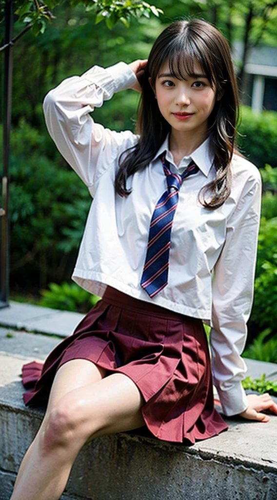 (8K、RAW photo、highest quality、masterpiece:1.2)、(realistic、Photoreal)、40 years、1 girl、I have a mole next to my eye、((White shirt with long sleeves、sailor suit、red tie、Below-the-knee length navy pleated skirt))、（high school girl）、The skirt is rolled up、gal、lots of eyelashes、glitter on eyelids、Dark Red Knee-High Socks、Skeletally correct、thighs open、wavy twintails、cute smile、sweaty body、attractive body beautiful perfect body、V-line emphasis、put your hands behind your head、Beautifully aligned fingertips、