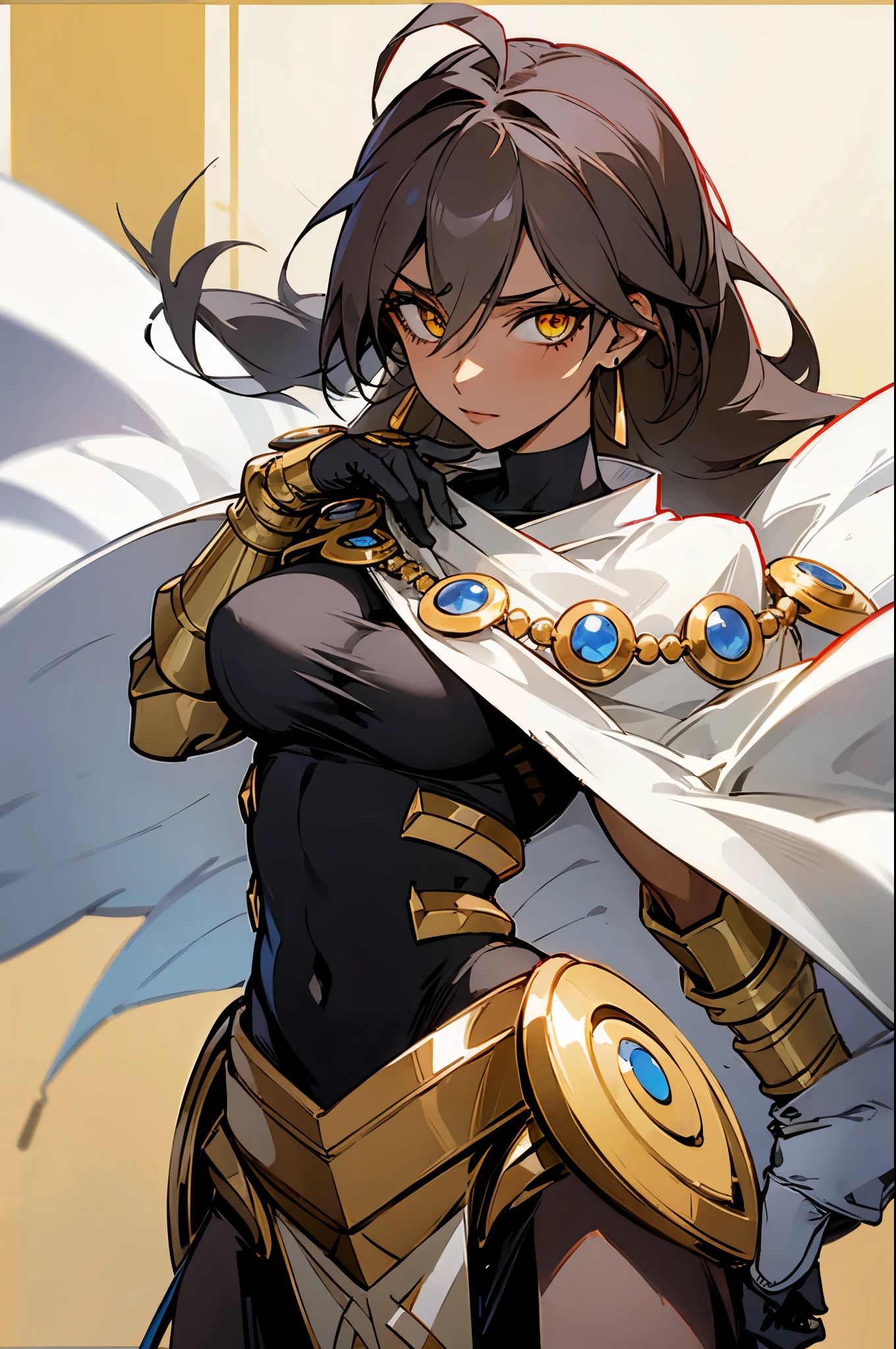 (masterpiece), best quality, expressive eyes, perfect face, highres, (female1.5), 1 girl, solo, ozymadias (fate),  yellow eyes, dark-skinned female, hair between eyes, ahoge:1.4), black gloves, white cape, earrings, jewelry, black gloves, golden gauntlets, waist fauld, standing, portrait, looking at the viewer
