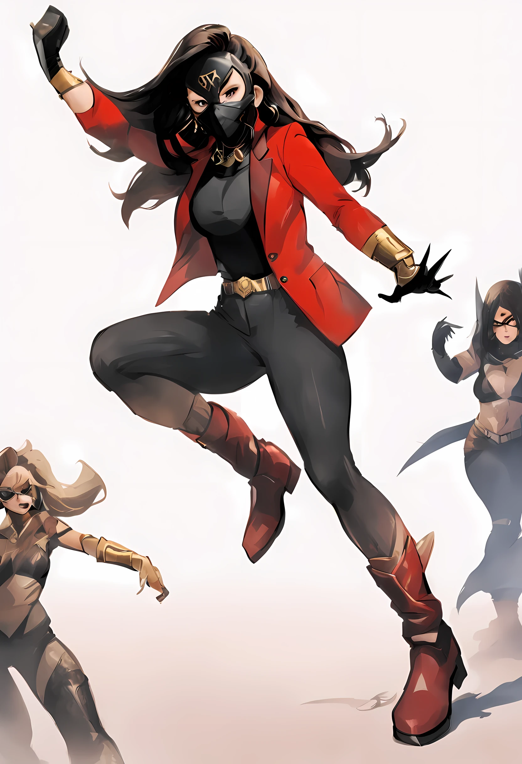 A 21-year-old woman super hero is wearing a red blazer, a black top, and black trousers, paired with red boots. She is wearinga mask , and her long hair is black.