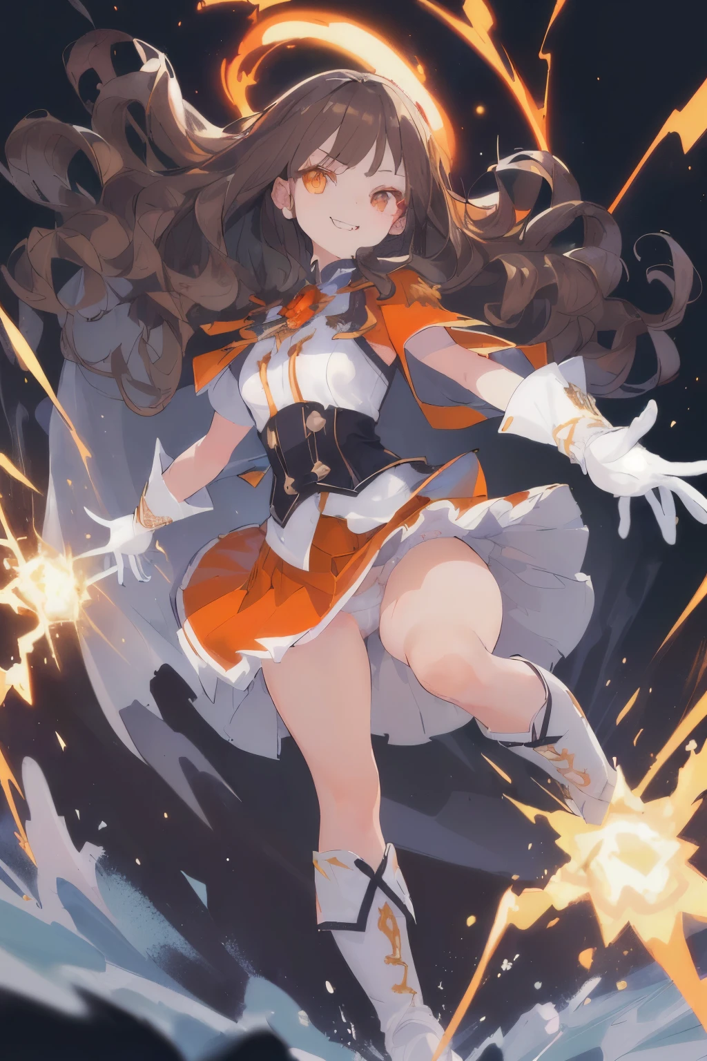 (((1girl))), ((best quality)), ((masterpiece)), ((ultra-detailed)), (illustration), (detailed light), (an extremely delicate and beautiful), (beautiful detailed eyes), (sunlight), ((extremely light)), ((extremely clothes)), (((hyper detail))),(((((front lighting))))),(((((front light))))),
((((quite adorable Novice Warlock's uniform with a brief skirt)))), (((Novice Warlock))),
,
(((wavy long hair))), ((((dark brown hair)))), (((long hair))),
(((deep orange eyes))),
(whole body), aged 5 to 8, ((((())))), ((((very adorable young girl)))),
((condescending expression)), ((mischievous smile with sexual satisfaction)), (((extra adorable))), (((((extra slender shape))))),
(((((extremely beautiful detailed face))))),
(((attacking enemies by a spell of electric shock wave))), (((elegant magic boots))),
((Dutch angle)), (((white gloves))), ((transparent magical underskirt)), (a little bit exposed adorable white panties)