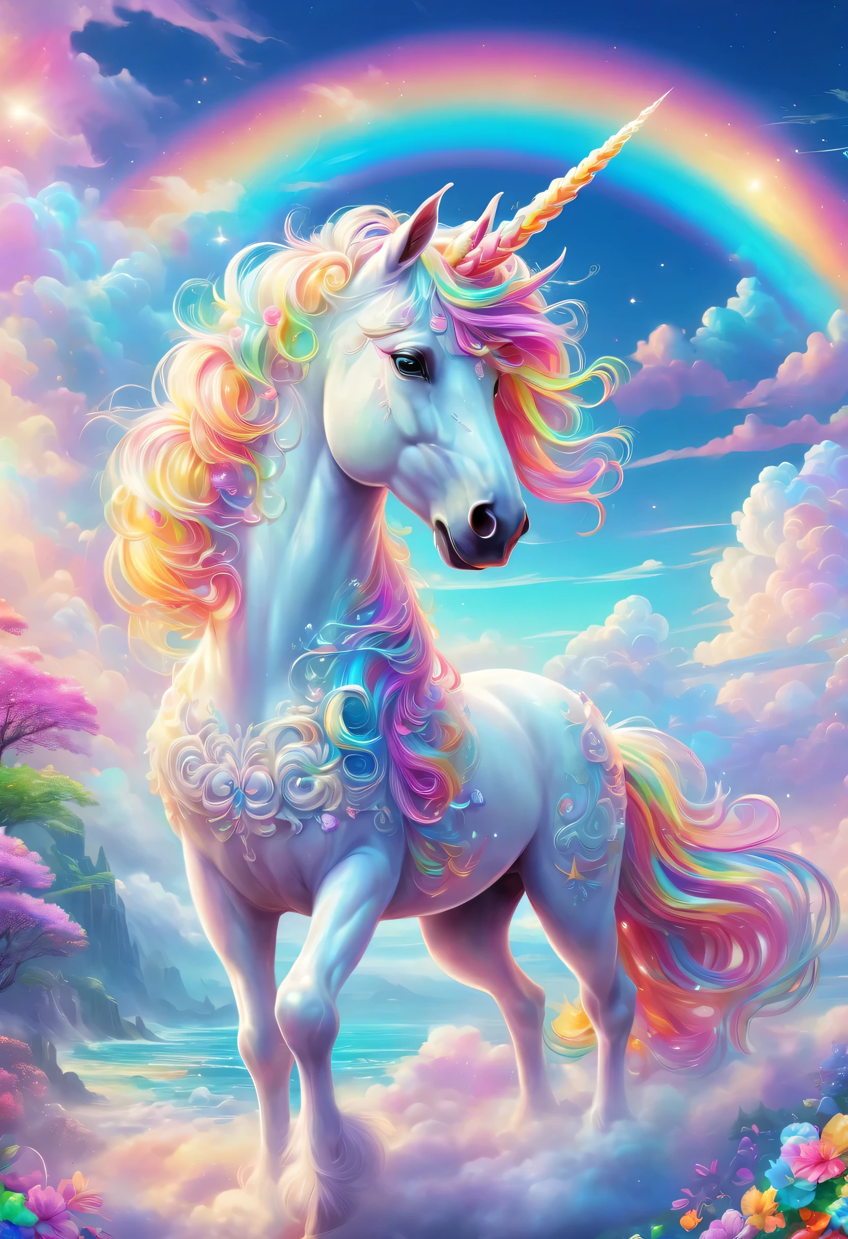 Dreamy sky，Distance，A beautiful unicorn walks among colorful clouds，Colored mane，hapiness，beautiful eyes，Beautiful rainbow，Colored castles。author：Lisa Frank, A masterpiece of bright light, Beautiful ornate digital art
