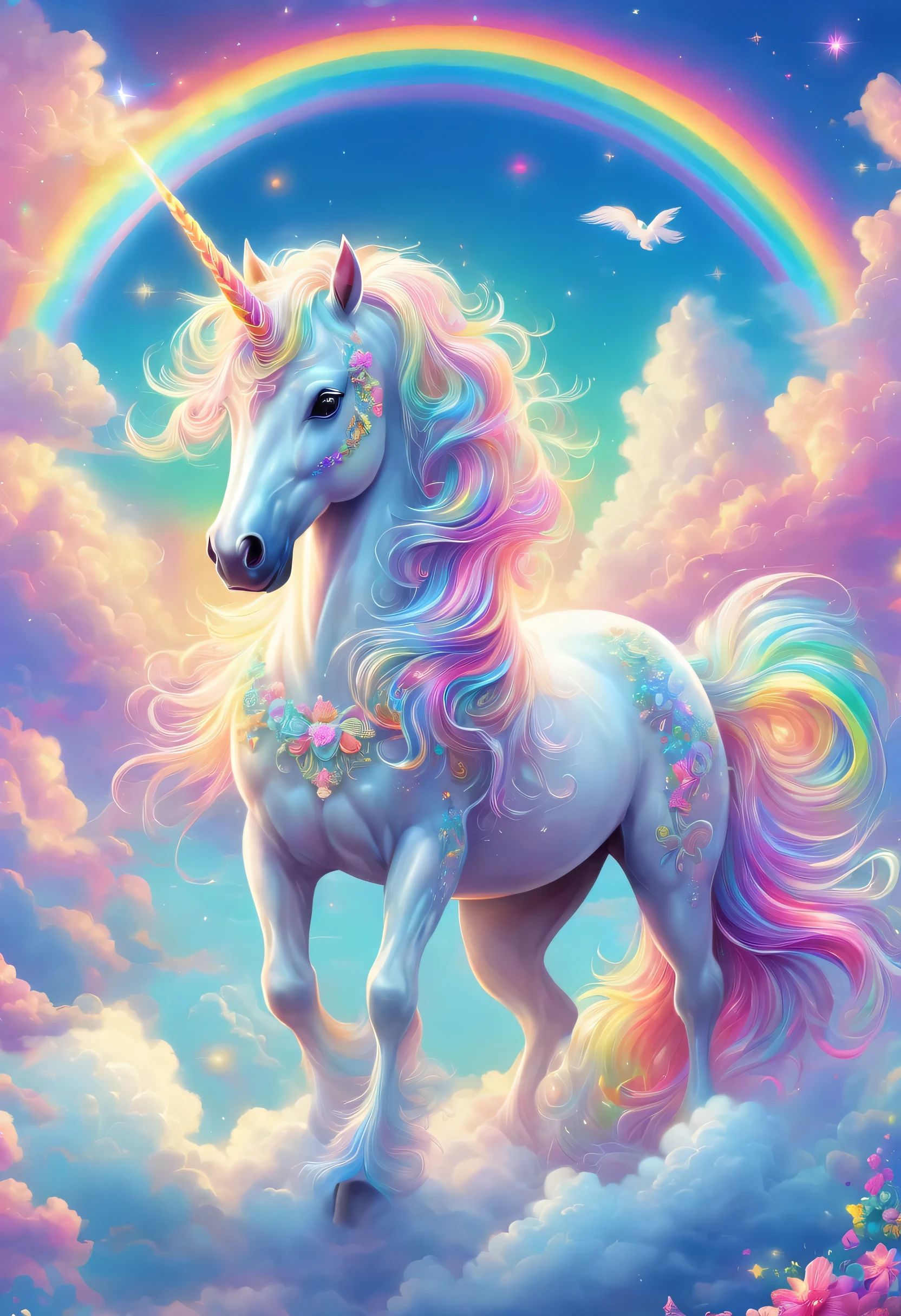 Dreamy sky，Distance，A beautiful unicorn walks among colorful clouds，Colored mane，hapiness，beautiful eyes，Beautiful rainbow，Colored castles。author：Lisa Frank, A masterpiece of bright light, Beautiful ornate digital art