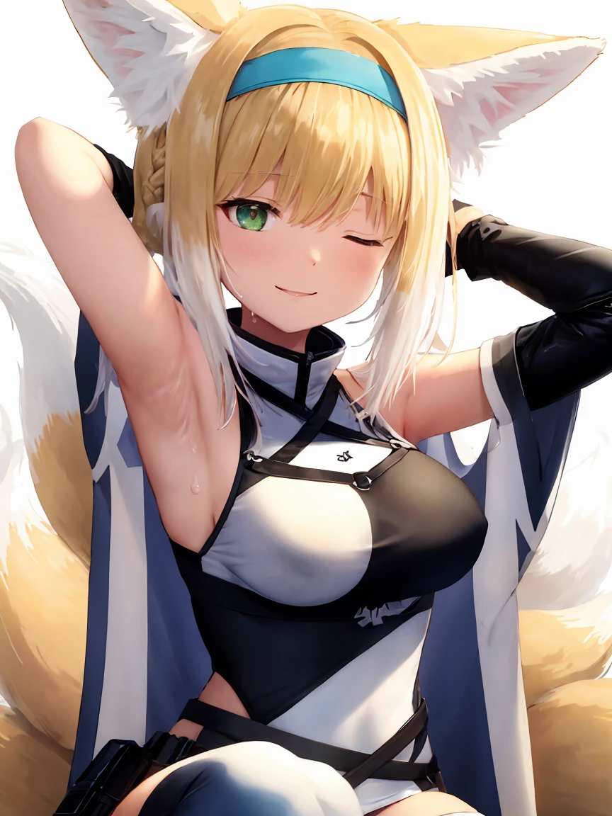 (best quality,highres,masterpiece:1.2),ultra-detailed,1 girl,harmonious finger proportions,shiny skin, (sleepy:1.3), little girl,arms up,armpits,sweat,steam,arms behind head,squatting,thick thigh,covered nipples, fox_ears, animal_ears, blonde_hair, bangs, fox_girl, green_eyes, hairband, animal_ear_fluff, fox_tail, tail, blue_hairband, multicolored_hair, multiple_tails, white_hair, braid, hair_rings, smile, infection_monitor_\(arknights\), kitsune, upper_body, blush, hair_between_eyes