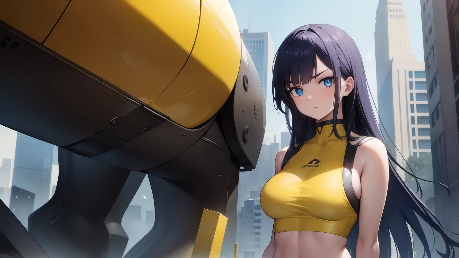 1woman, fit-muscled body, bright yellow eyes,dark blue hair , blue eyes, With round lenses, The audience watched carefully, (s face: 1.2), Perfect female figure, ((standing)), ((yellow Tight crop top leather suit)), ((shy and looking at viewert)), (Perfect thick white eyebrows)
BREAK bare shoulders,
BREAK looking at viewer,
BREAK outdoors, city,
BREAK (masterpiece:1.2), best quality, high resolution, unity 8k wallpaper, (illustration:0.8), (beautiful detailed eyes:1.6), extremely detailed face, perfect lighting, extremely detailed CG, (perfect hands, perfect anatomy),