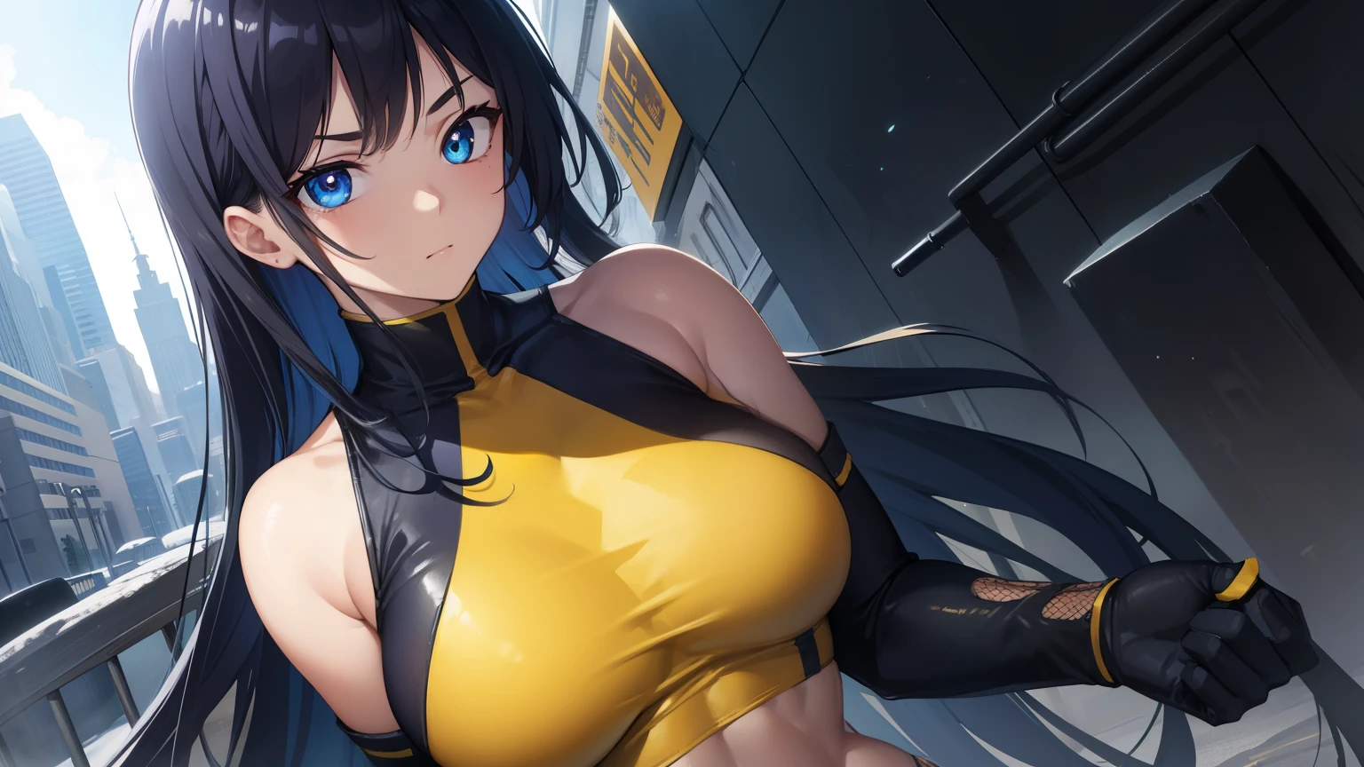 1woman, fit-muscled body, bright yellow eyes,dark blue hair , blue eyes, With round lenses, The audience watched carefully, (s face: 1.2), Perfect female figure, ((standing)), ((yellow Tight crop top leather suit)), ((shy and looking at viewert)), (Perfect thick white eyebrows)
BREAK bare shoulders,
BREAK looking at viewer,
BREAK outdoors, city,
BREAK (masterpiece:1.2), best quality, high resolution, unity 8k wallpaper, (illustration:0.8), (beautiful detailed eyes:1.6), extremely detailed face, perfect lighting, extremely detailed CG, (perfect hands, perfect anatomy),
