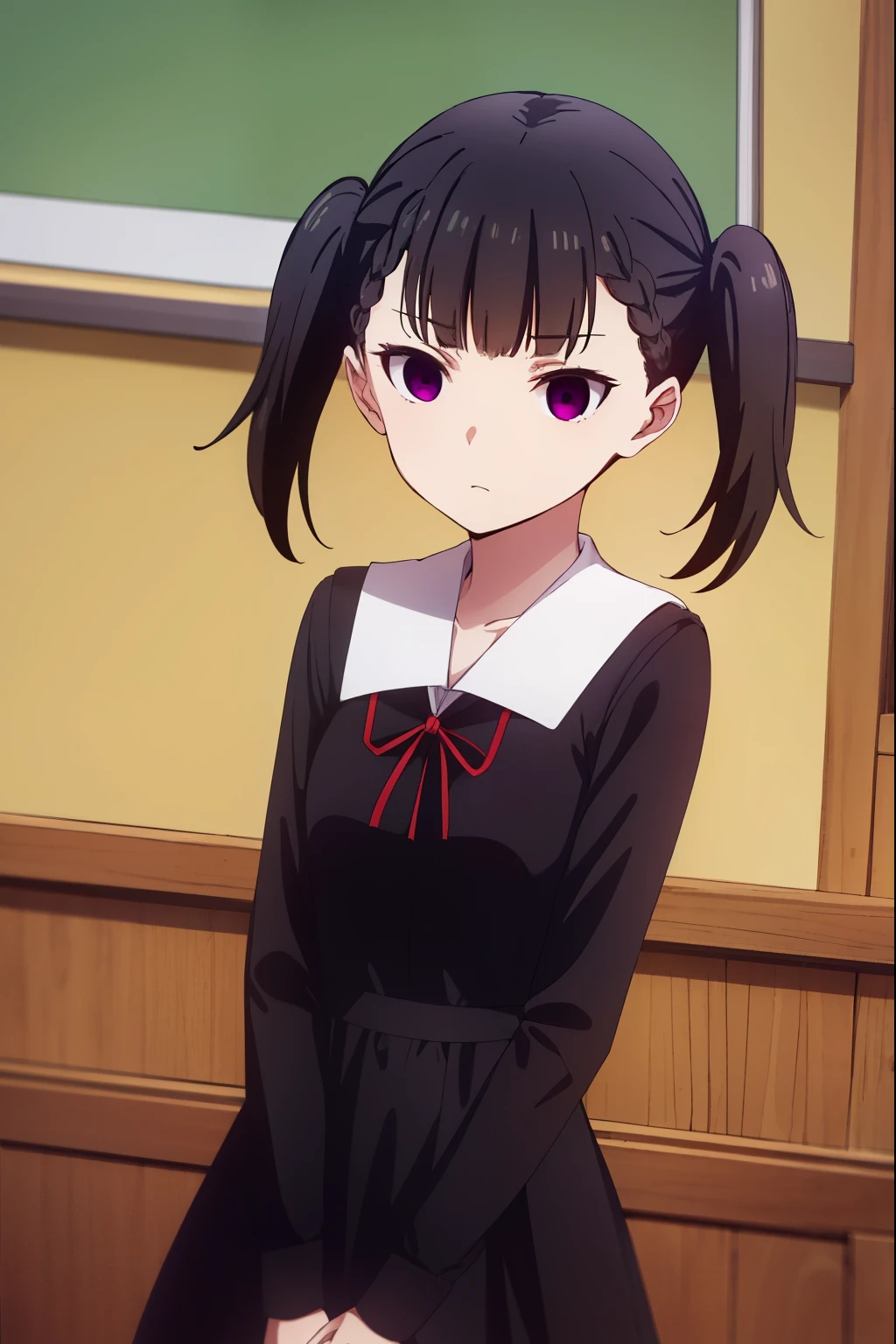 makishijou, maki shijou, bangs, blunt bangs, (purple eyes:1.1), twintails, two side up, braid, short twintails,
BREAK long sleeves, dress, ribbon, school uniform, black dress, red ribbon, neck ribbon, collared dress, shuuchiin academy school uniform,
BREAK indoors, classroom,
BREAK looking at viewer, (cowboy shot:1.5),
BREAK (masterpiece:1.2), best quality, high resolution, unity 8k wallpaper, (illustration:0.8), (beautiful detailed eyes:1.6), extremely detailed face, perfect lighting, extremely detailed CG, (perfect hands, perfect ???????),