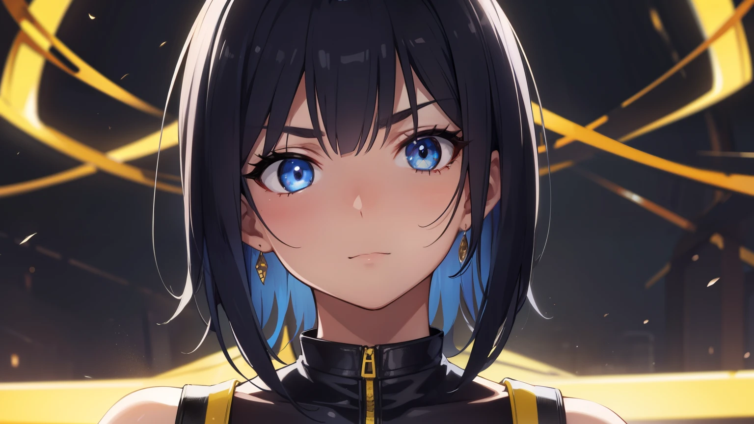 1woman, fit-muscled body, bright yellow eyes,dark blue hair , blue eyes, With round lenses, The audience watched carefully, (s face: 1.2), Perfect female figure, ((standing)), ((yellow Tight crop top leather suit)), ((shy and looking at viewert)), (Perfect thick white eyebrows)
BREAK bare shoulders,
BREAK looking at viewer,
BREAK outdoors, city,
BREAK (masterpiece:1.2), best quality, high resolution, unity 8k wallpaper, (illustration:0.8), (beautiful detailed eyes:1.6), extremely detailed face, perfect lighting, extremely detailed CG, (perfect hands, perfect anatomy),