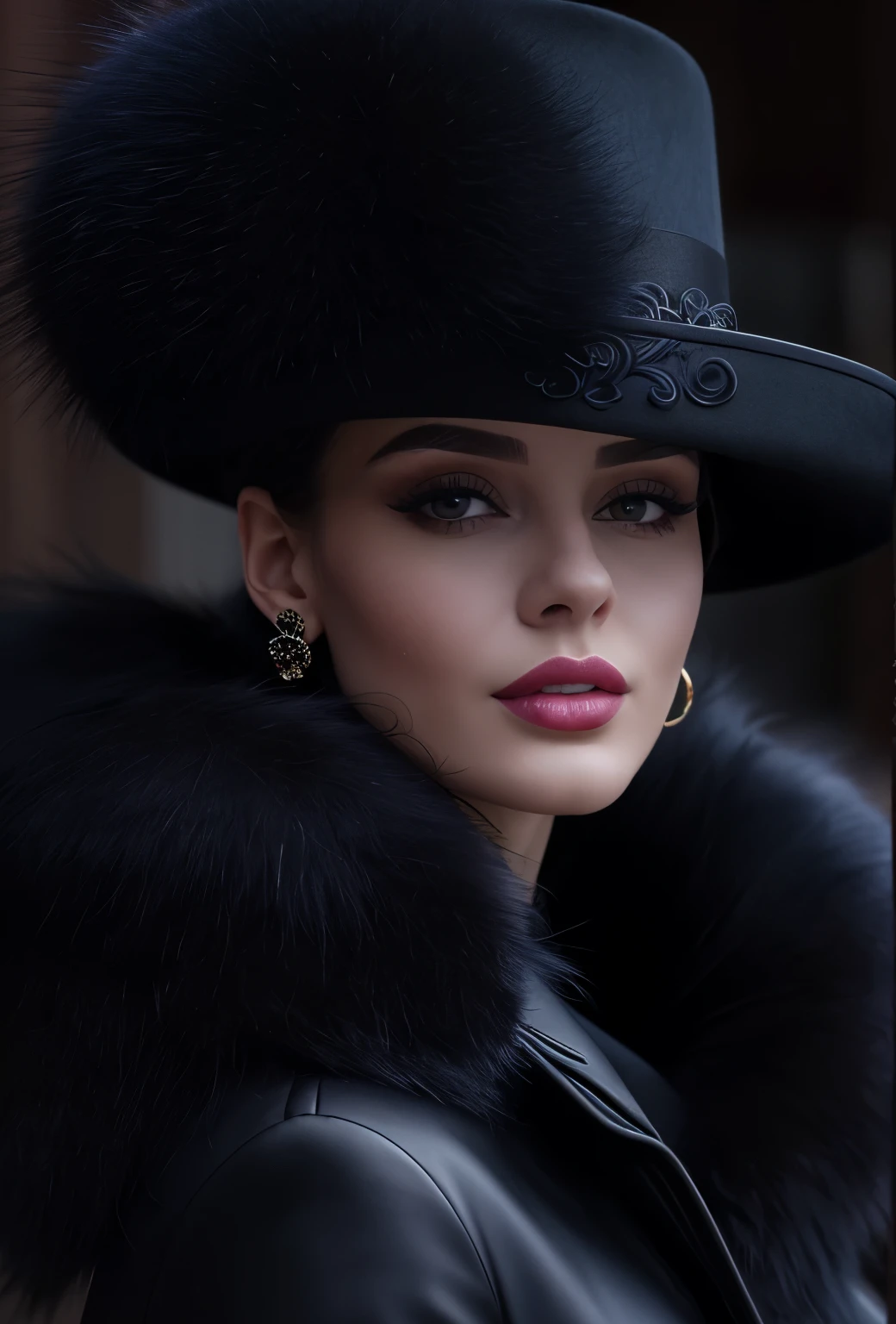 a close up of a woman wearing a black hat and earrings, sleek dark fur, black fur, Russian style, very beautiful fur, fine fur, Dasha Taran, dark fur, Fur details, top hat, Anastasia Ovchinnikova, black hat, synthetic fur, Elena Belova, wearing a top hat, Julia Gorokhova