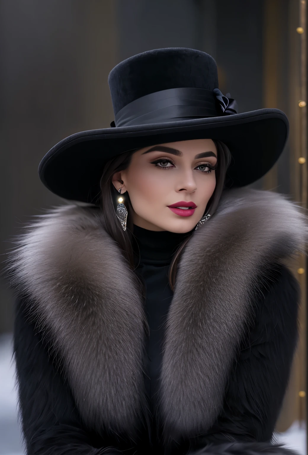 a close up of a woman wearing a black hat and earrings, sleek dark fur, black fur, Russian style, very beautiful fur, fine fur, Dasha Taran, dark fur, Fur details, top hat, Anastasia Ovchinnikova, black hat, synthetic fur, Elena Belova, wearing a top hat, Julia Gorokhova
