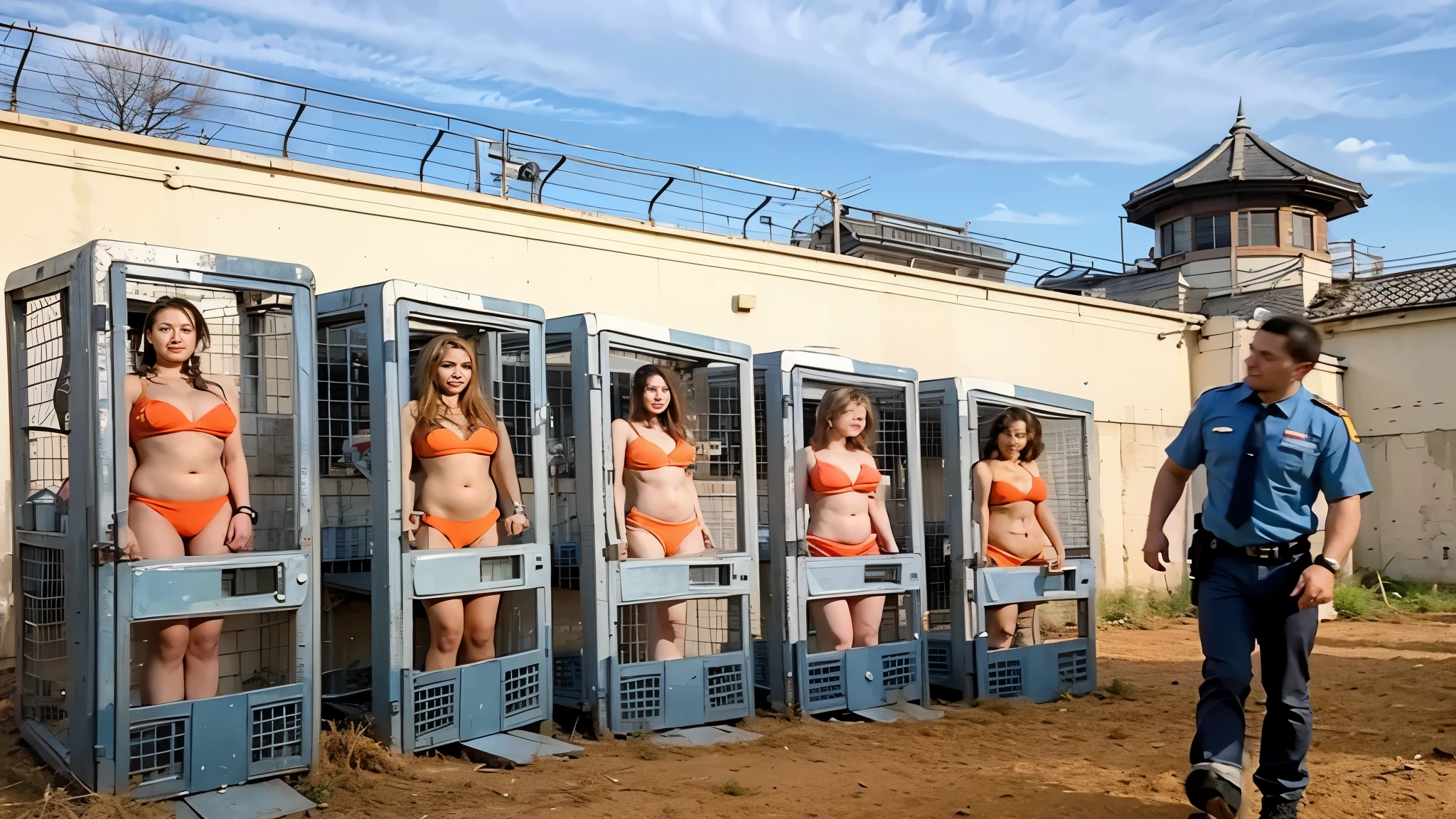 beautiful women in orange bikinis behind bars in a jail cell, detailed faces of woman in the cell, dressed in orange inmate attire, in jail, cell bars, jail, in a prison cell, stood in a cell, prison, wearing orange prison jumpsuit, sitting in a prison, with prison clothing, clones, prison guard walking at the right side looking at the woman in cell and checking the woman, realistic image, very detailed, fix the fingers of the woman in the cell, 16k resolution, background is prison ground, beautiful women in orange bikinis behind bars in a jail cell crying in their cell, caught on footage