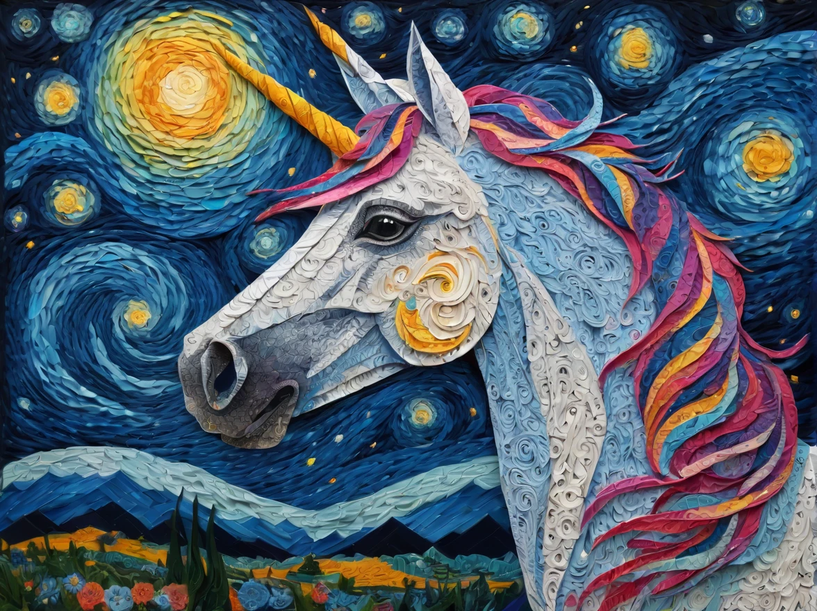 ponytailed unicorn portraits, big smile to the camera, vincent van gogh  style starry sky, zentangle, origami, 3d crunch, fantasy, magical flashes and explosions crossing the horizon,