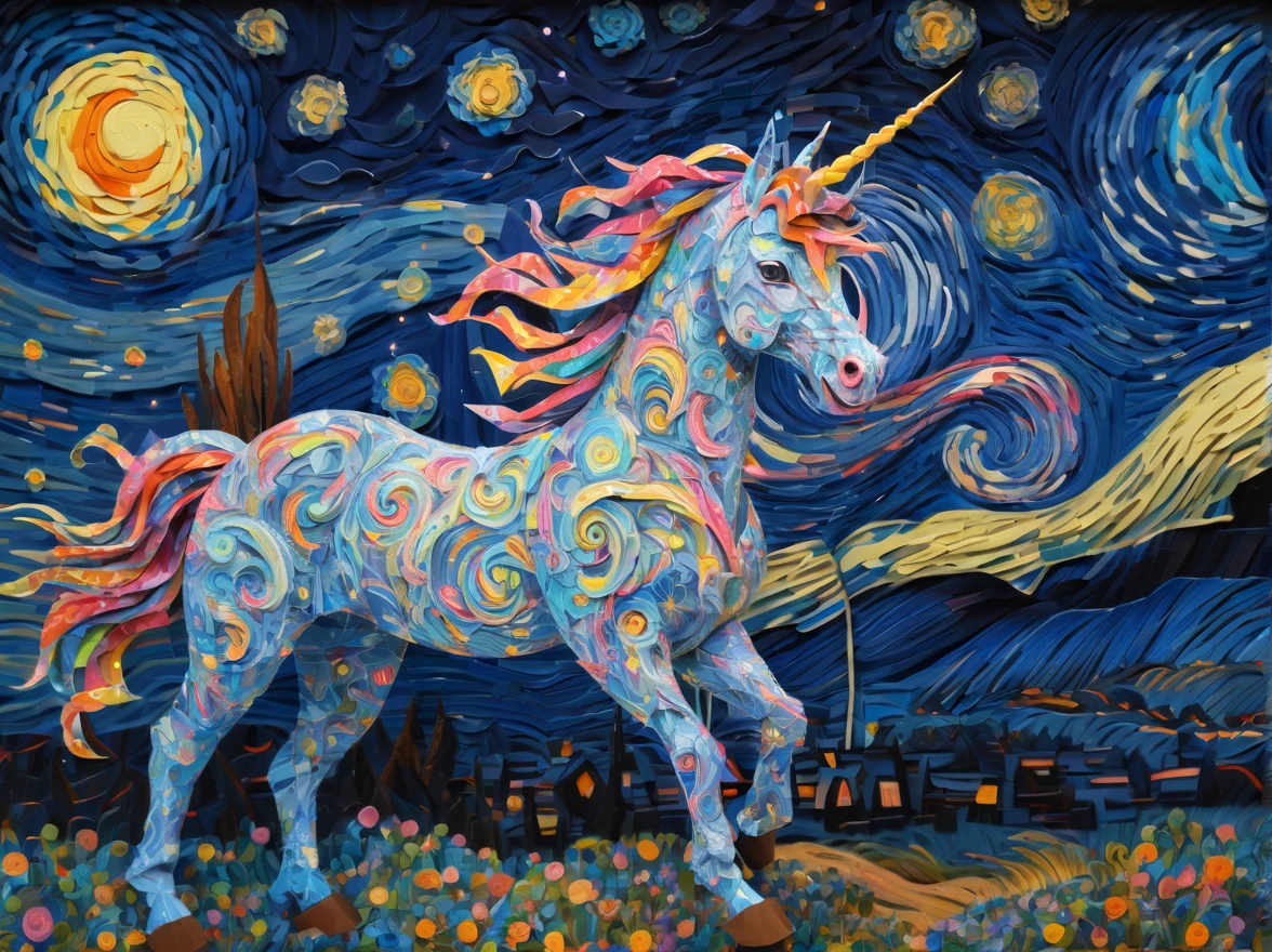 ponytailed unicorn portraits, big smile to the camera, vincent van gogh  style starry sky, zentangle, origami, 3d crunch, fantasy, magical flashes and explosions crossing the horizon,