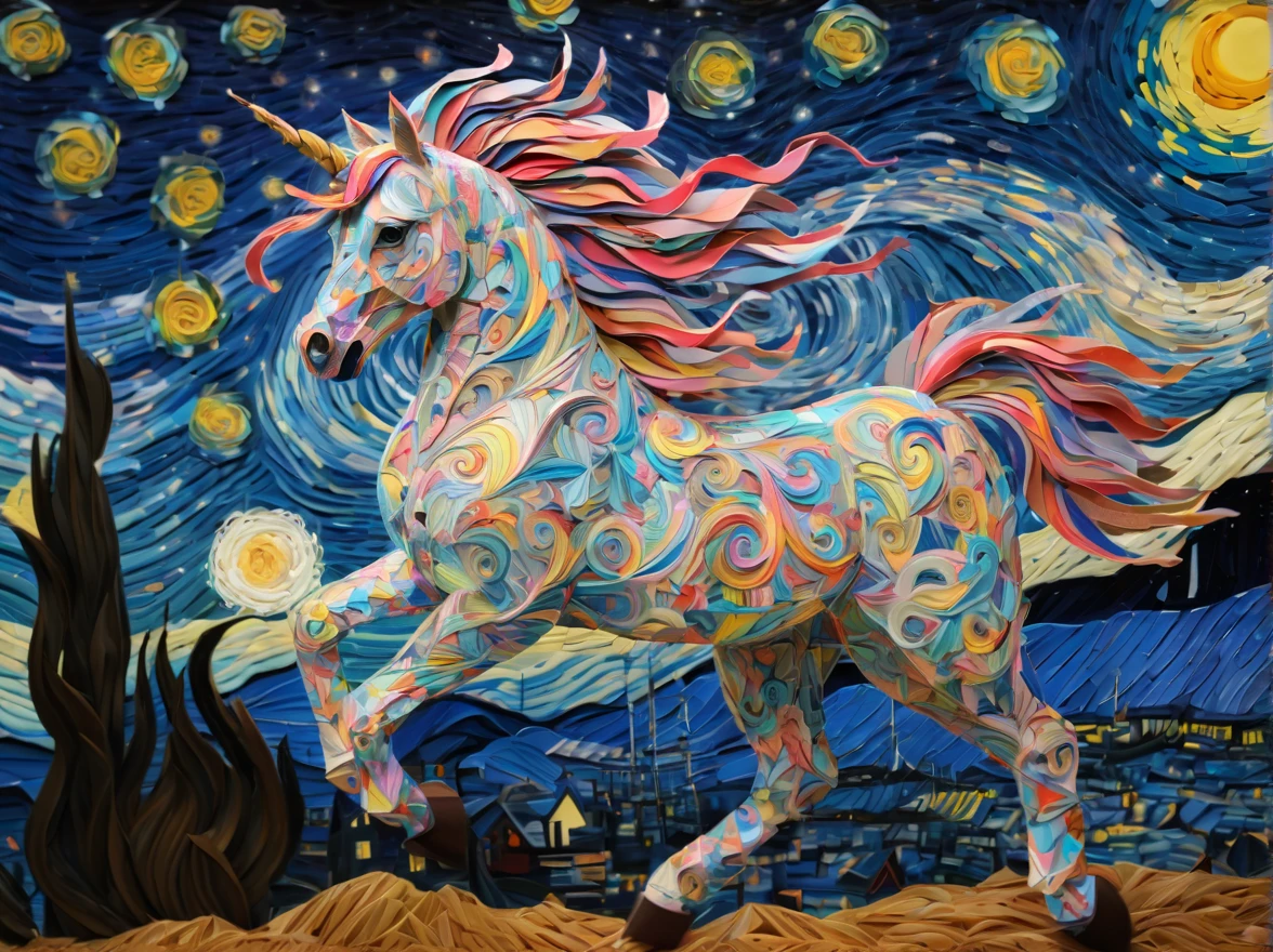 ponytailed unicorn portraits, big smile to the camera, vincent van gogh  style starry sky, zentangle, origami, 3d crunch, fantasy, magical flashes and explosions crossing the horizon,