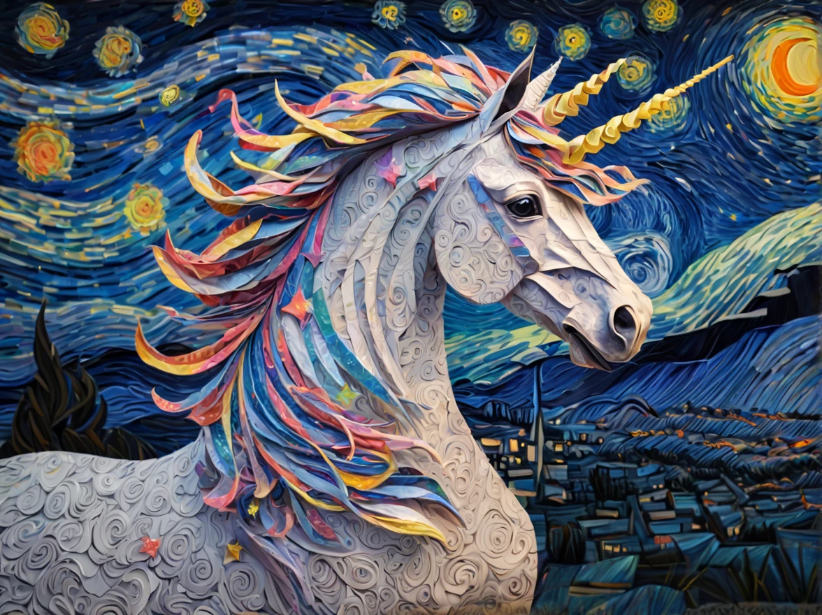 ponytailed unicorn portraits, big smile to the camera, vincent van gogh style starry sky, zentangle, origami, 3d crunch, fantasy, magical flashes and explosions crossing the horizon,