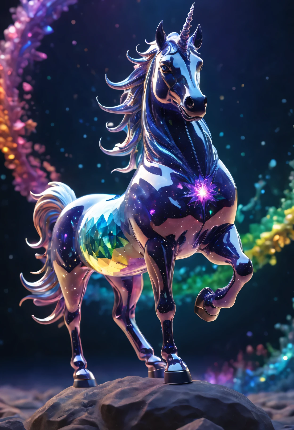 Crystal unicorn standing in front of colorful swirls,(Made of rainbow crystals),bioluminescent organisms, iridescent colors and glowing scales, Obras de arte intrincadas . Rendered by Octane, Popular topics on artstationh,T symmetrical artwork. (night,starry sky,starlight, background with)normal, Surrealism, high detail, Rendered by Octane, 32k, bright colors, Broken glass effect, Astonishing, Wonderful presence, vitality, molecular, textured, Pure perfection, divine being, memorable, touch, Volumetric light, Rays, bright colors反射