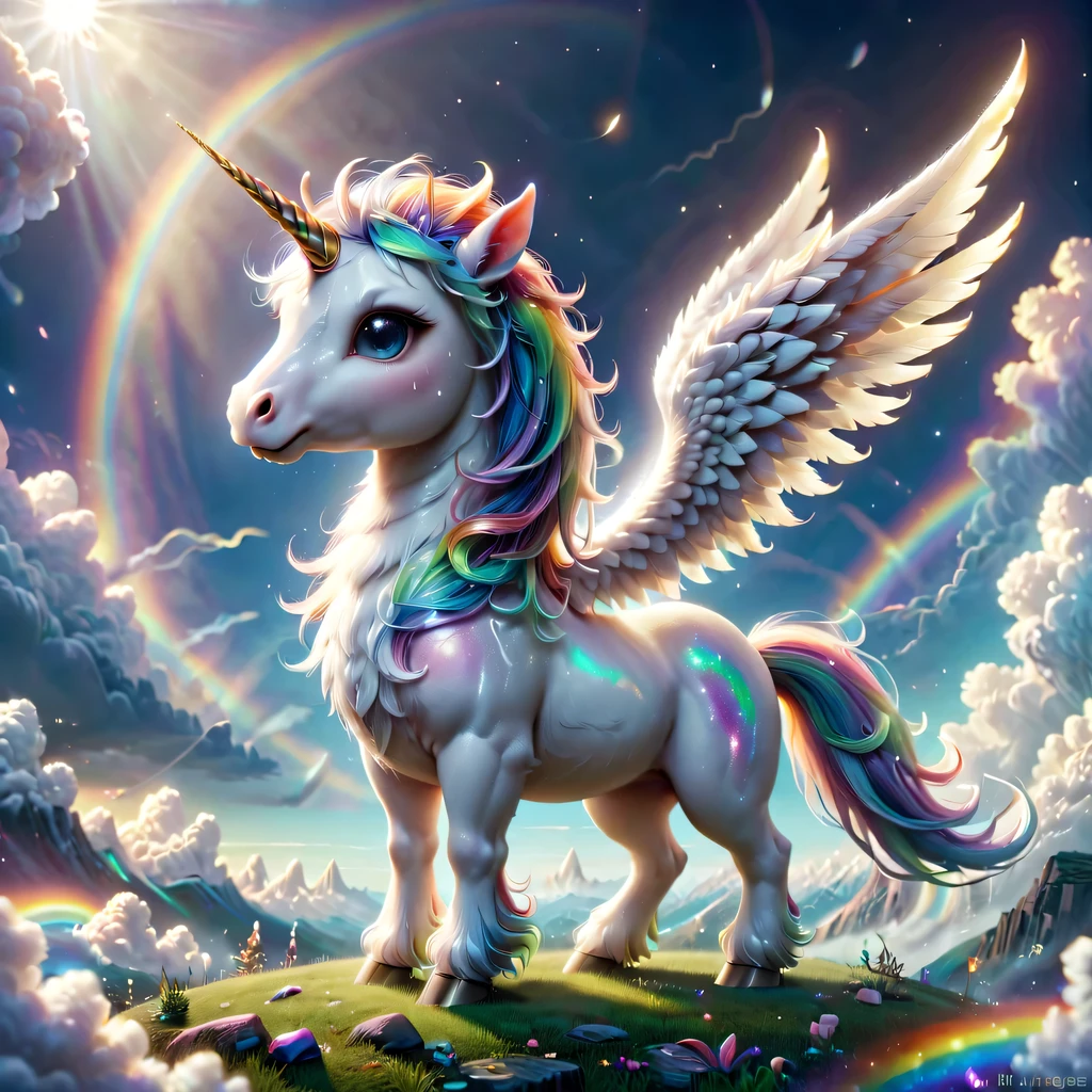 mysterious creature，cute pet，unicorn，Yu Ji，angel hope，Q version，cartoon，Cute and cute，rainbow，cloud，soft space，ethereal，bioluminescence，divinelight，old，undying，detailed details，lifelike，超级lifelike，epic mythology fantasy，Epic surrealism，epic magic fantasy，