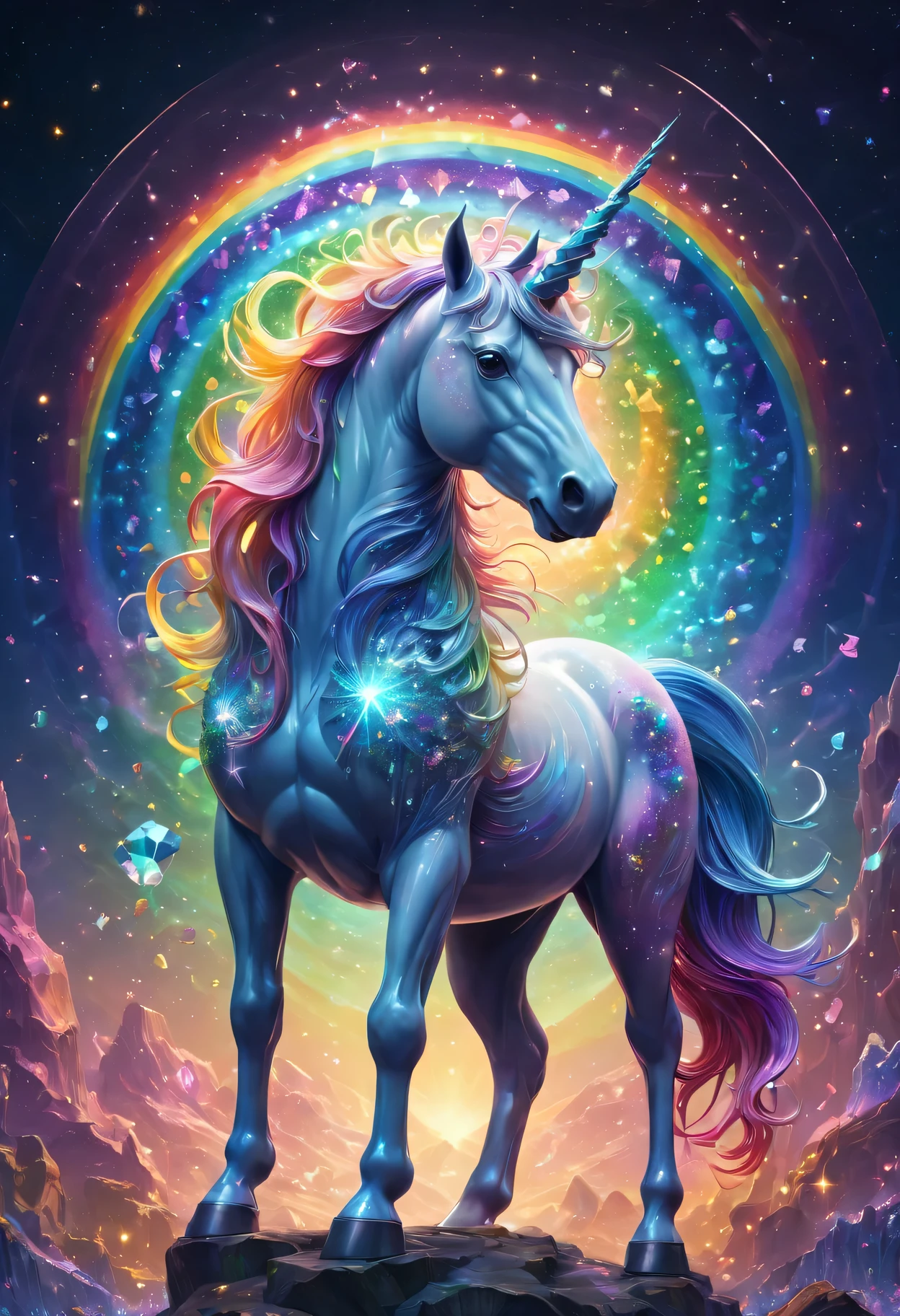 Crystal unicorn standing in front of colorful swirls，(Made of rainbow crystals)，bioluminescent organisms, iridescent colors and glowing scales, Obras de arte intrincadas . Rendered by Octane, Popular topics on artstationh,T symmetrical artwork. (night,starry sky,starlight, background with)normal, Surrealism, high detail, Rendered by Octane, 32k, bright colors, Broken glass effect, Astonishing, Wonderful presence, vitality, molecular, textured, Pure perfection, divine being, memorable, touch, Volumetric light, Rays, bright colors反射