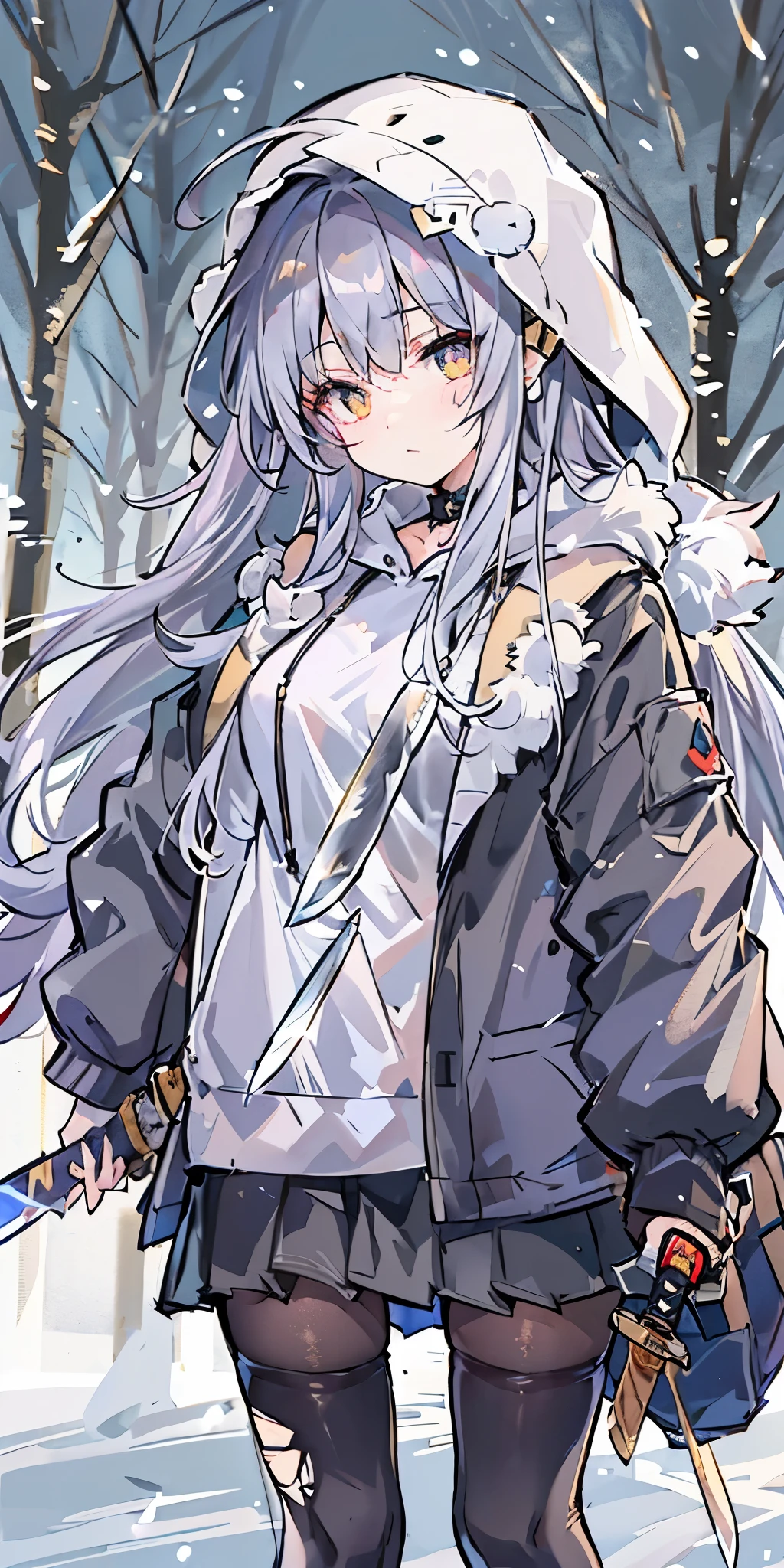 long hair、cute、white stockings、Heart-shaped pupils、solo、gray hair、winter、snow、outdoor、(((golden eyes)))、Ahoge、(((Black hoodie)))、head covering、With weapons、(((((battle)))))、 cold look、 Filmography、 ((((((knife))))))、 village、((((Show the whole body))))、