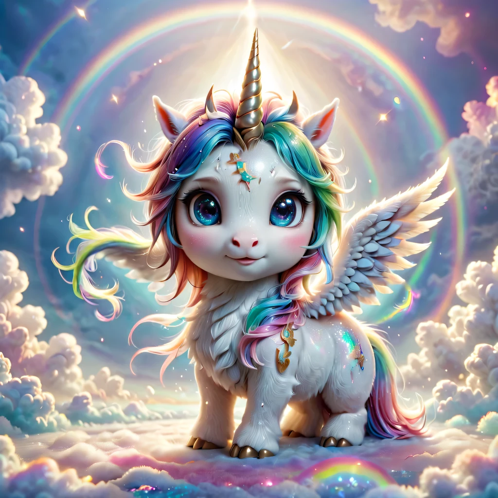 mysterious creature,cute pet,unicorn,Yu Ji,angel hope,Q version,cartoon,Cute and cute,rainbow,cloud,soft space,ethereal,bioluminescence,divinelight,old,undying,detailed details,lifelike,超级lifelike,epic mythology fantasy,Epic surrealism,epic magic fantasy,