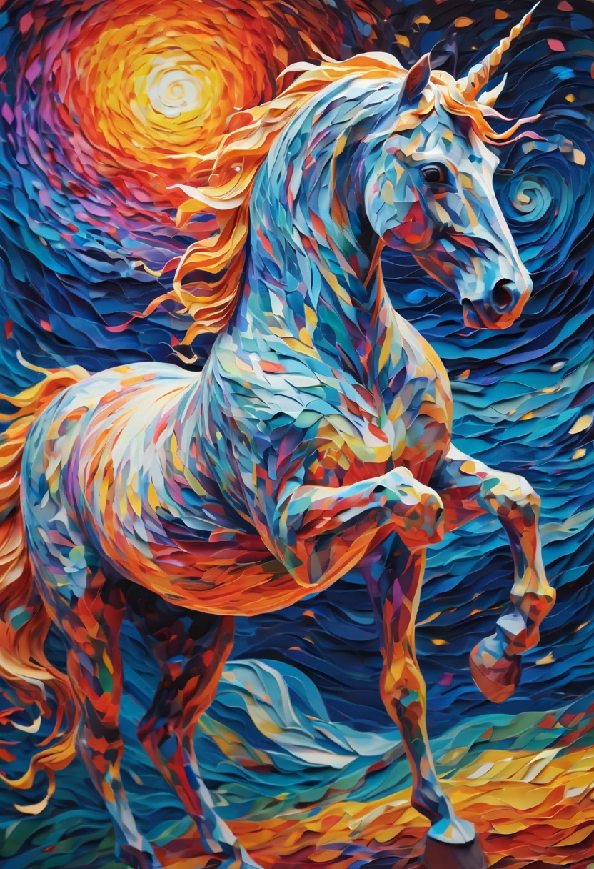 (best quality,4k,8k,highres,masterpiece:1.2),ultra-detailed,realistic,photorealistic:1.37,hdr,studio lighting,sharp focus,professional,vivid colors,bokeh,portraits,colorful color harmony,soft natural lighting,whimsical and vibrant atmosphere,beautifully illustrated stylized characters with intricate details,ethereal and dreamlike background with swirling patterns,twinkling stars,mesmerizing and vibrant celestial colors,dynamic and energetic composition,paper-cut elements to enhance depth and texture,impressive and intricate origami creatures,fantastical explosions of light and color,graceful movements and poses by the unicorn,narrative storytelling through visual elements,illusion of movement and fluidity,depth and dimension in the artwork,rich color palette inspired by Van Gogh's iconic style,elegant and flowing brushstrokes,emotional and expressive artwork.