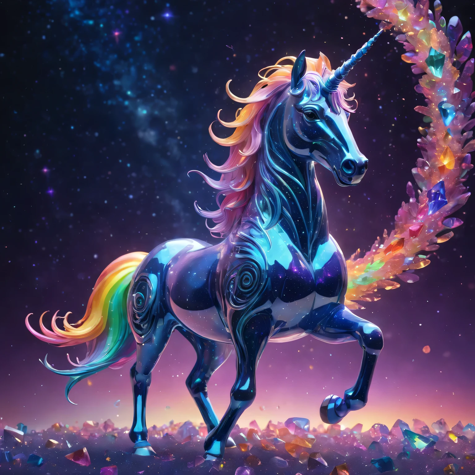 Crystal unicorn standing in front of colorful swirls，(Made of rainbow crystals)，bioluminescent organisms, iridescent colors and glowing scales, Obras de arte intrincadas . Rendered by Octane, Popular topics on artstationh,T symmetrical artwork. (night,starry sky,starlight, background with)normal, Surrealism, high detail, Rendered by Octane, 32k, bright colors, Broken glass effect, Astonishing, Wonderful presence, vitality, molecular, textured, Pure perfection, divine being, memorable, touch, Volumetric light, Rays, bright colors反射