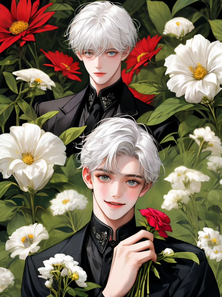 masterpiece, collage of teenage boy holding flowers, happy, white hair