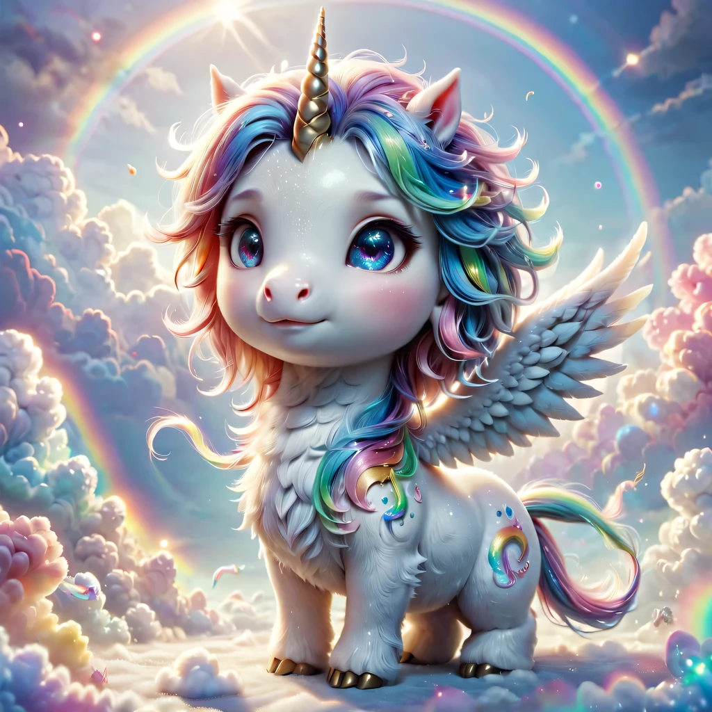mysterious creature,cute pet,unicorn,Yu Ji,angel hope,Q version,cartoon,Cute and cute,rainbow,cloud,soft space,ethereal,bioluminescence,divinelight,old,undying,detailed details,lifelike,超级lifelike,epic mythology fantasy,Epic surrealism,epic magic fantasy,